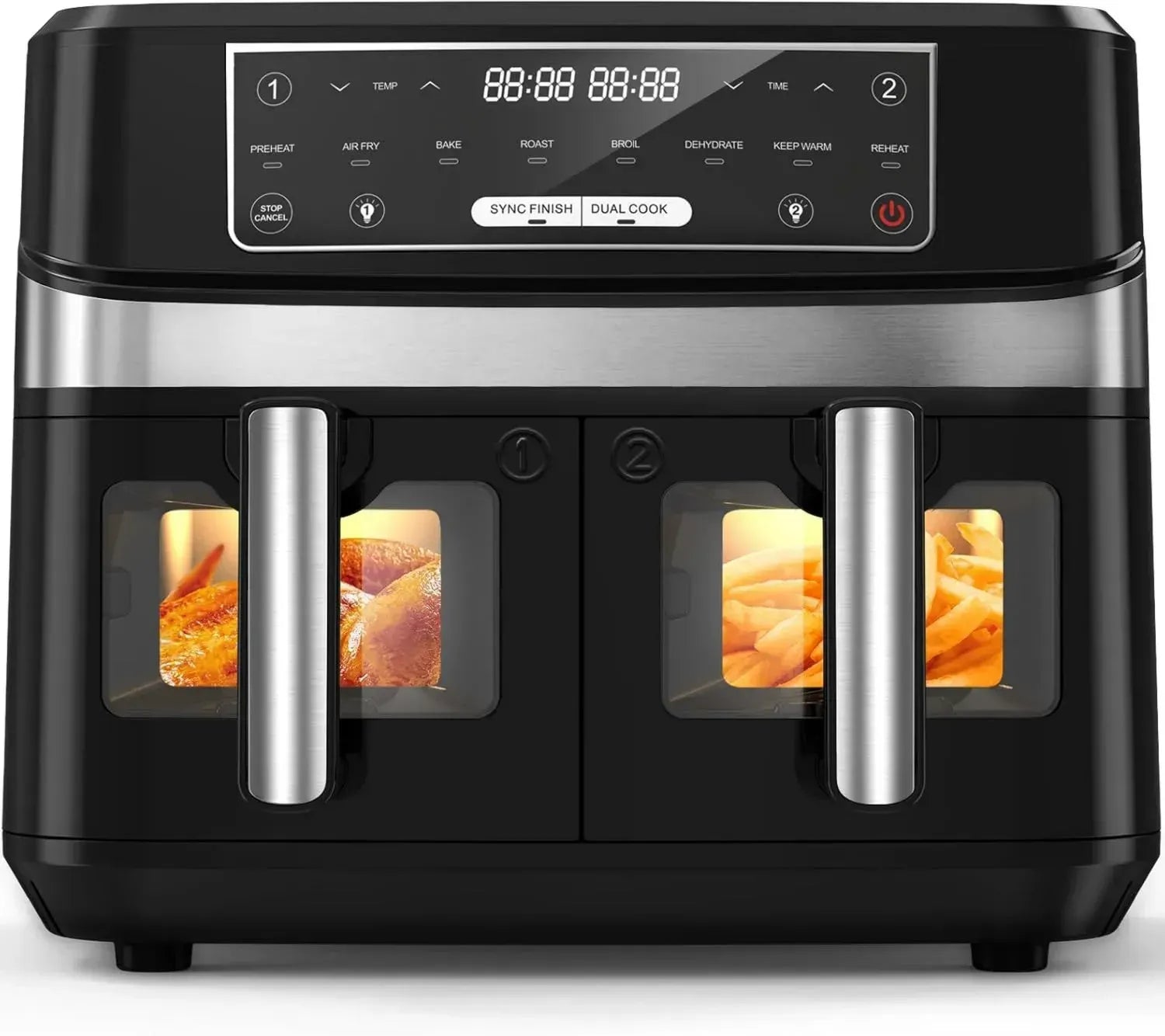 XXL Heißluftfritteuse mit Doppelkammmer und Sichtfenster, 10L Kapazität, 8 vorprogrammierte Einstellungen, Touchscreen, Smart-Steuerung und Timer, gesunde fettarme Fritteuse ohne Öl