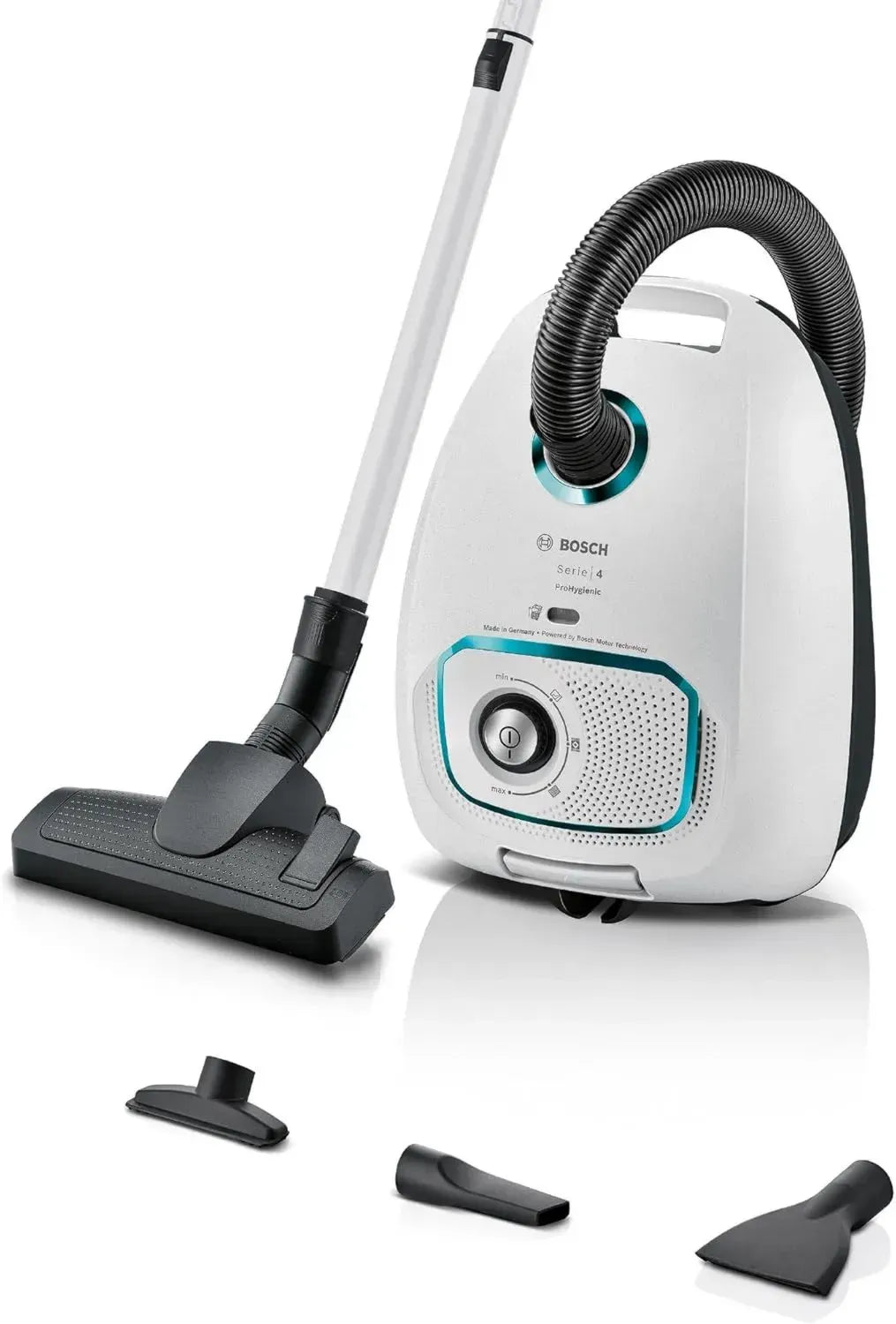 Bosch Staubsauger Serie 4 ProHygienic BGD41HYG, Allergikerfreundlich, mit Hygiene-Filter und Matratzendüse, 10 Jahre Motorgarantie, Integriertes Zubehör, Langes Kabel, 600 W, Hergestellt in Deutschland, Weiß