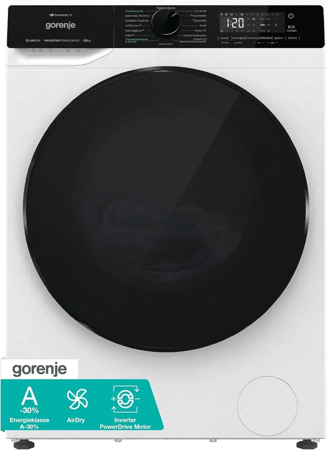 Gorenje Waschtrockner WD2PA854ADW, 8 kg, 16 Programme, Inverter Motor, AllergySteam, AirDry, SterilTub, A-30% Effizienz