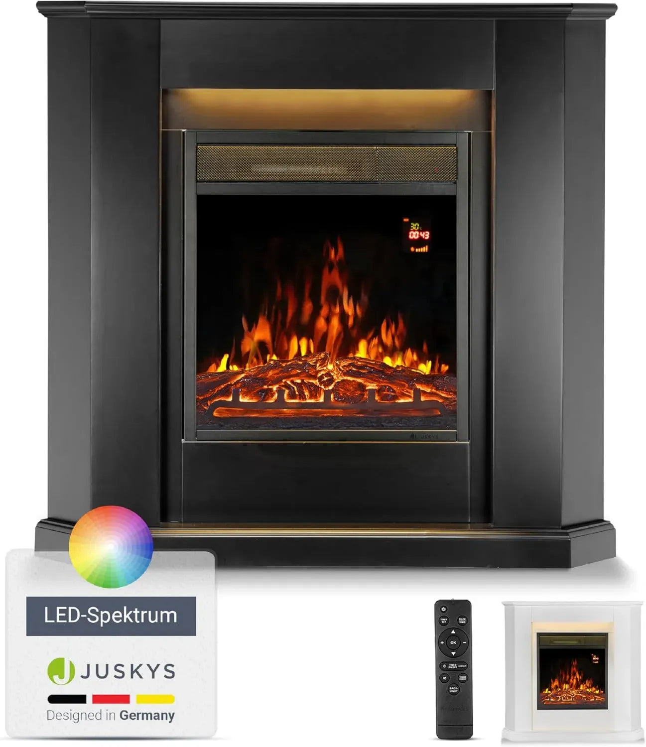 Juskys Elektrischer Eckkamin mit Fernbedienung und LED-Flammeffekt, 1000/2000 W, Schwarz