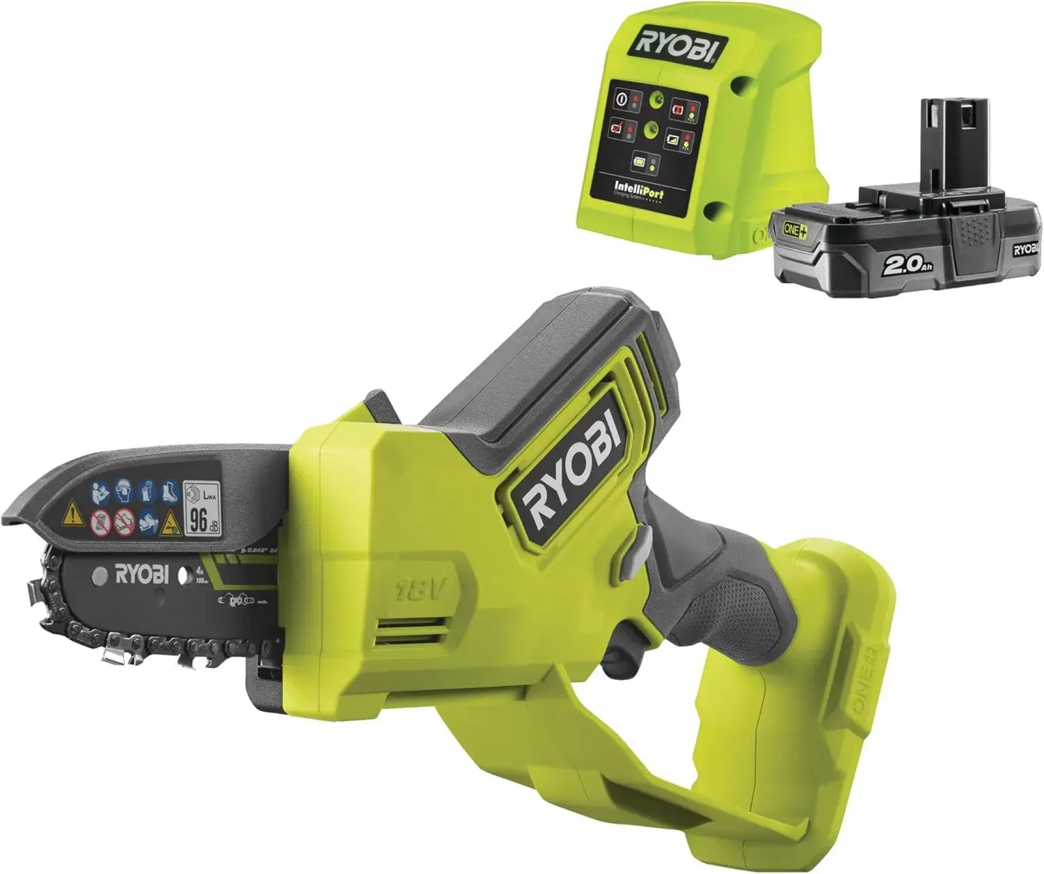 RYOBI 18V ONE+ Akku-Astsäge mit bürstenlosem Motor, 10 cm Schwert, 6,0 m/s Kettengeschwindigkeit, inkl. 2,0 Ah Akku und Ladegerät