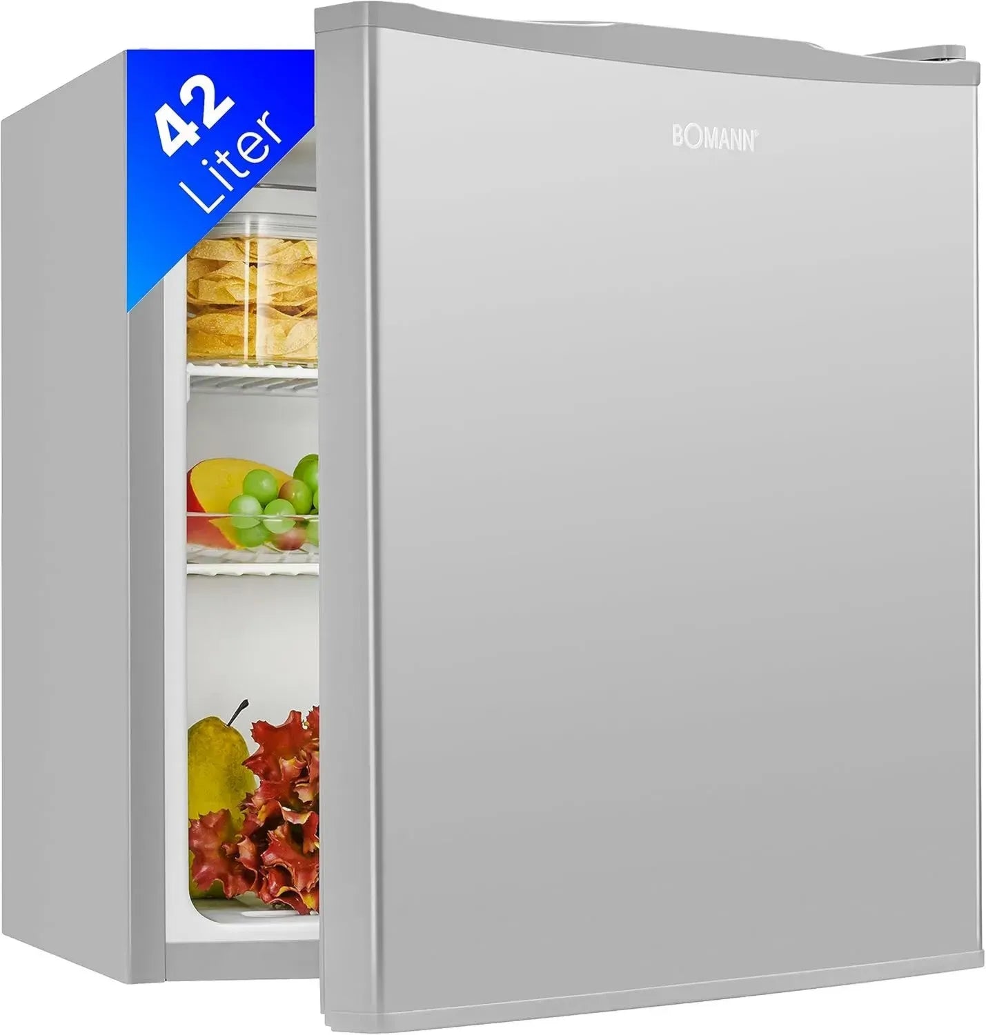 Bomann® 42L Mini Kühlschrank für Büro, Camping und Gaming | Leiser Getränkekühlschrank 39 dB | Minibar mit Türanschlag wechselbar | Edelstahl | 51x45x45 cm