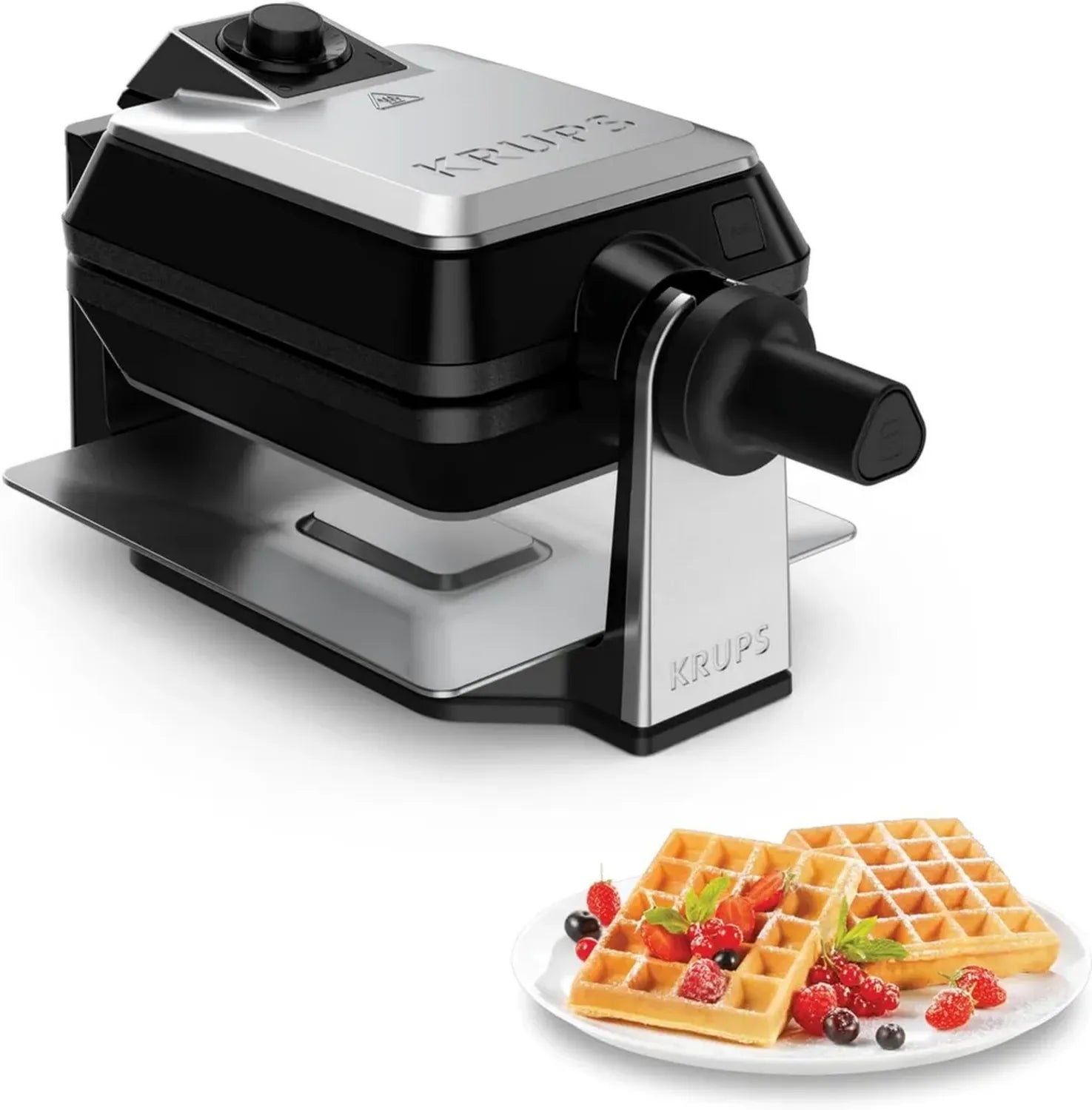 KRUPS Drehbares Doppelwaffeleisen, 2 Belgische Waffeln, 7 Bräunungsstufen, Antihaft, Spülmaschinenfest, Edelstahl/Schwarz