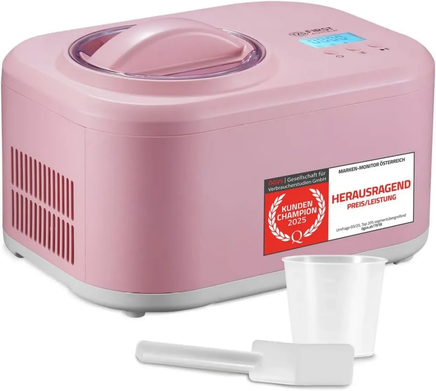 TZS First Austria 3-in-1 Eismaschine 1L mit Kompressor - 100W Selbstkühlender Eiscremebereiter für Joghurt, Sorbet & Eis - Inklusive Zubehör - Rosa