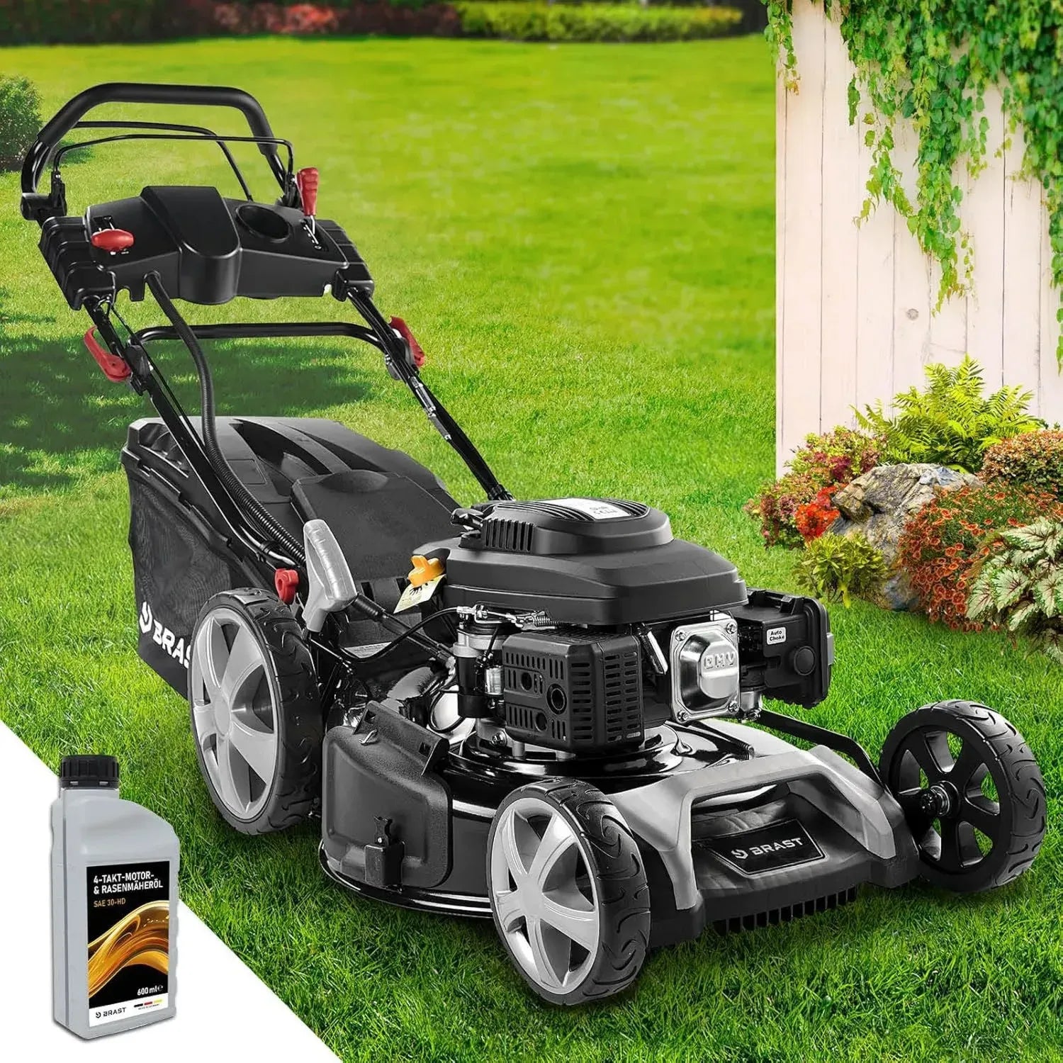 Leistungsstarker Benzin-Rasenmäher mit Elektrostart, 55cm Schnittbreite und 60L Fangkorb