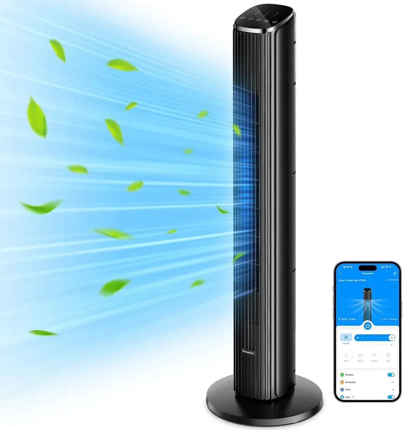 GoveeLife Turmventilator mit App-Steuerung, 75° oszillierend, leise und energieeffizient, 8 Geschwindigkeiten, 5 Modi, 24-Stunden-Timer