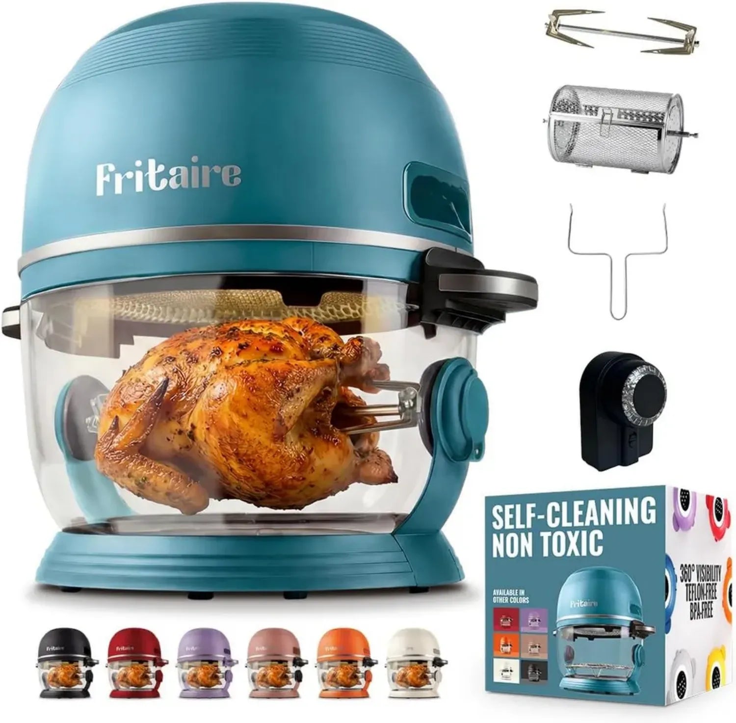 Fritaire Glas-Heißluftfritteuse, 5L – 360° Sichtfenster, Selbstreinigung, bis 200°C Umluft, BPA- & Teflonfrei, 9-in-1 Multikocher: Frittieren, Rotisserie, Braten, Salbeigrün