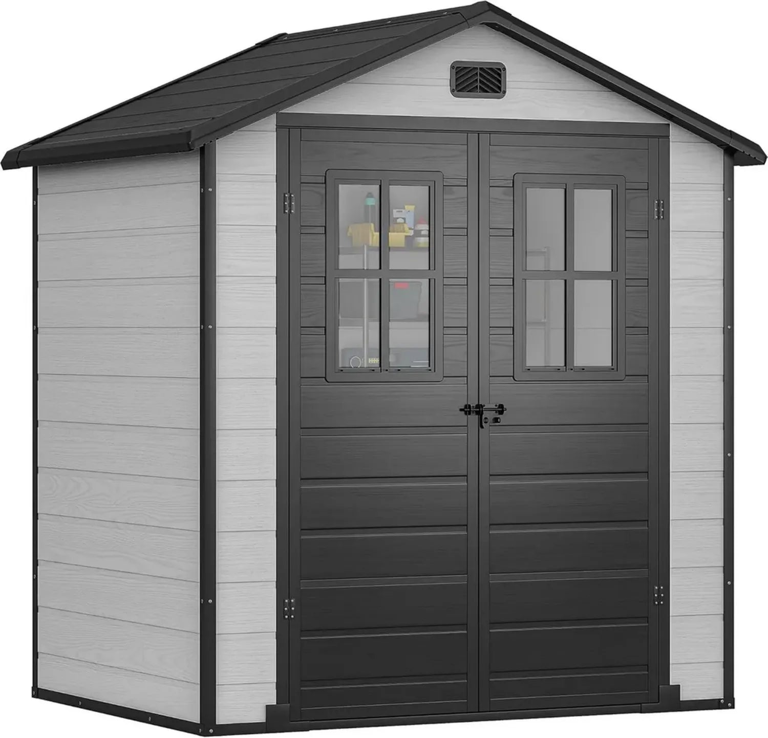 YITAHOME Robustes Gartenhaus aus Kunststoff 183x135x208 cm, Wetterbeständiger Aufbewahrungsschuppen mit abschließbaren Türen und Lüftung, Ideal für Werkzeuge und Fahrräder, Grau Schwarz