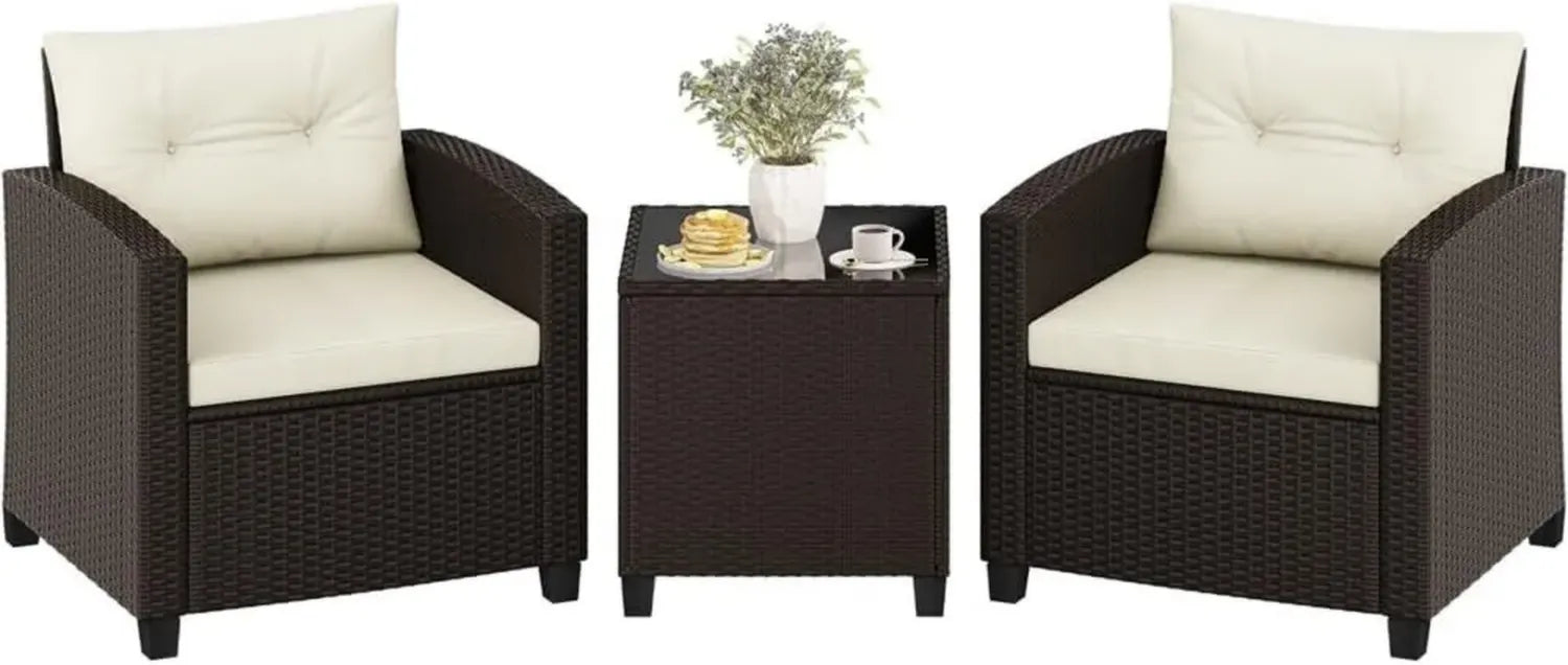 Yaheetech 3-tlg. Rattan-Lounge-Set mit Kissen, Balkonmöbel für 2 Personen, Sessel & Tisch, Braun/Beige