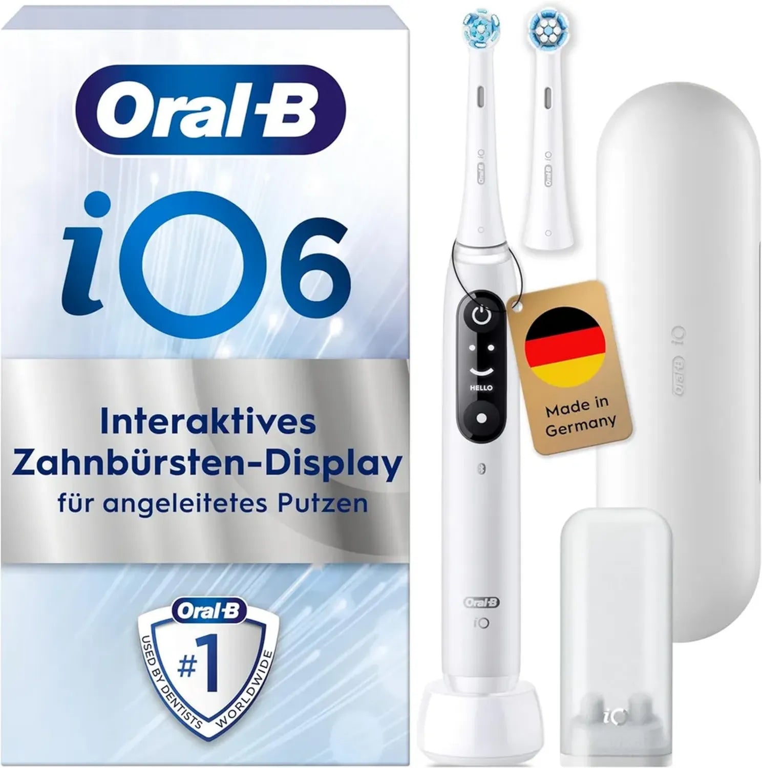 Oral-B iO Series 6 Elektrische Zahnbürste mit 5 Modi und Display, inklusive 2 Bürstenköpfe, Magnet-Technologie, Reiseetui, Weiß