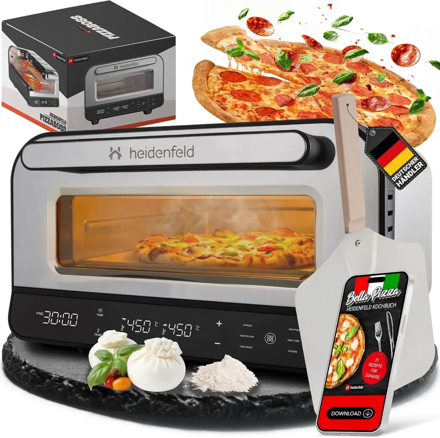 Heidenfeld Elektrischer Pizzaofen 1850W mit Pizzastein & Schieber, 450°C