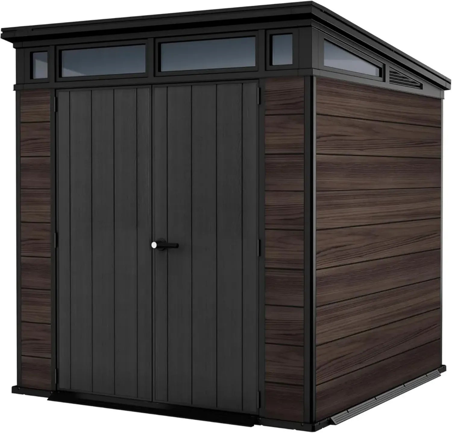 Keter Kunststoff-Gartenhaus 7x7 mit Doppeltür, wetterfest, abschließbar, inklusive Bodenplatte, 4,7 m², Rosenholz-Look