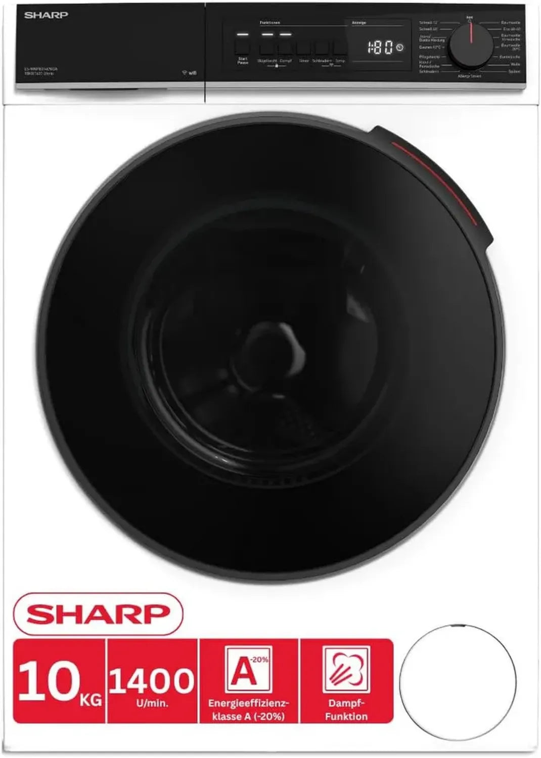 Sharp 10 kg Waschmaschine - A+++ Energie, 1400 U/min, Dampf, WiFi, Schnellwaschgang, AquaStop, DoubleJet, Weiß