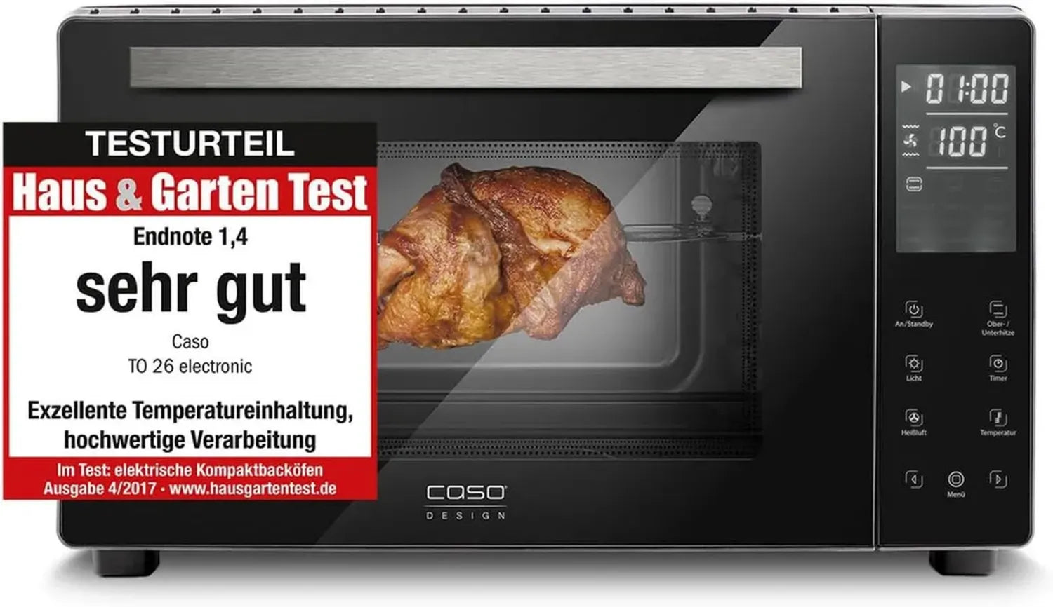 CASO TO 26 Kompakt-Ofen mit Umluft und Pizza-Funktion, 1500 W, 26 L, Sensor-Touch, Drehspieß, 9 Programme