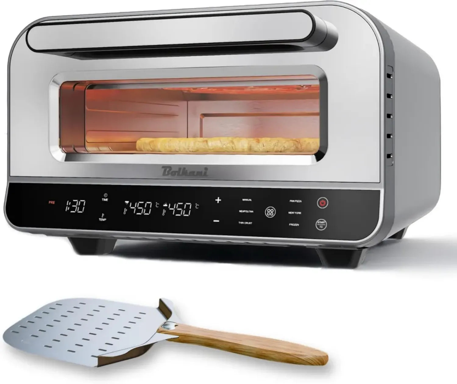 Elektrischer Pizzaofen mit Pizzastein und Pizzaschieber - 450°C Profi-Steinoffen mit Timer und Beleuchtung