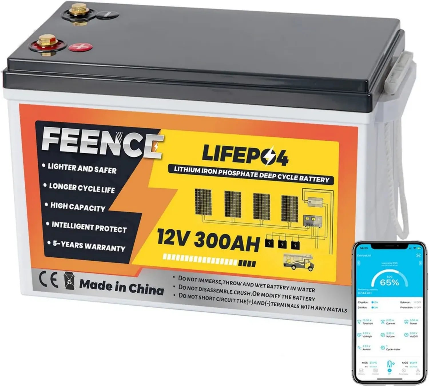 Leistungsstarke 12V 300Ah LiFePO4 Batterie mit Bluetooth und 200A BMS, bis zu 15000 Ladezyklen, ideal für Wohnmobil, Solarenergie, Trolling Motor