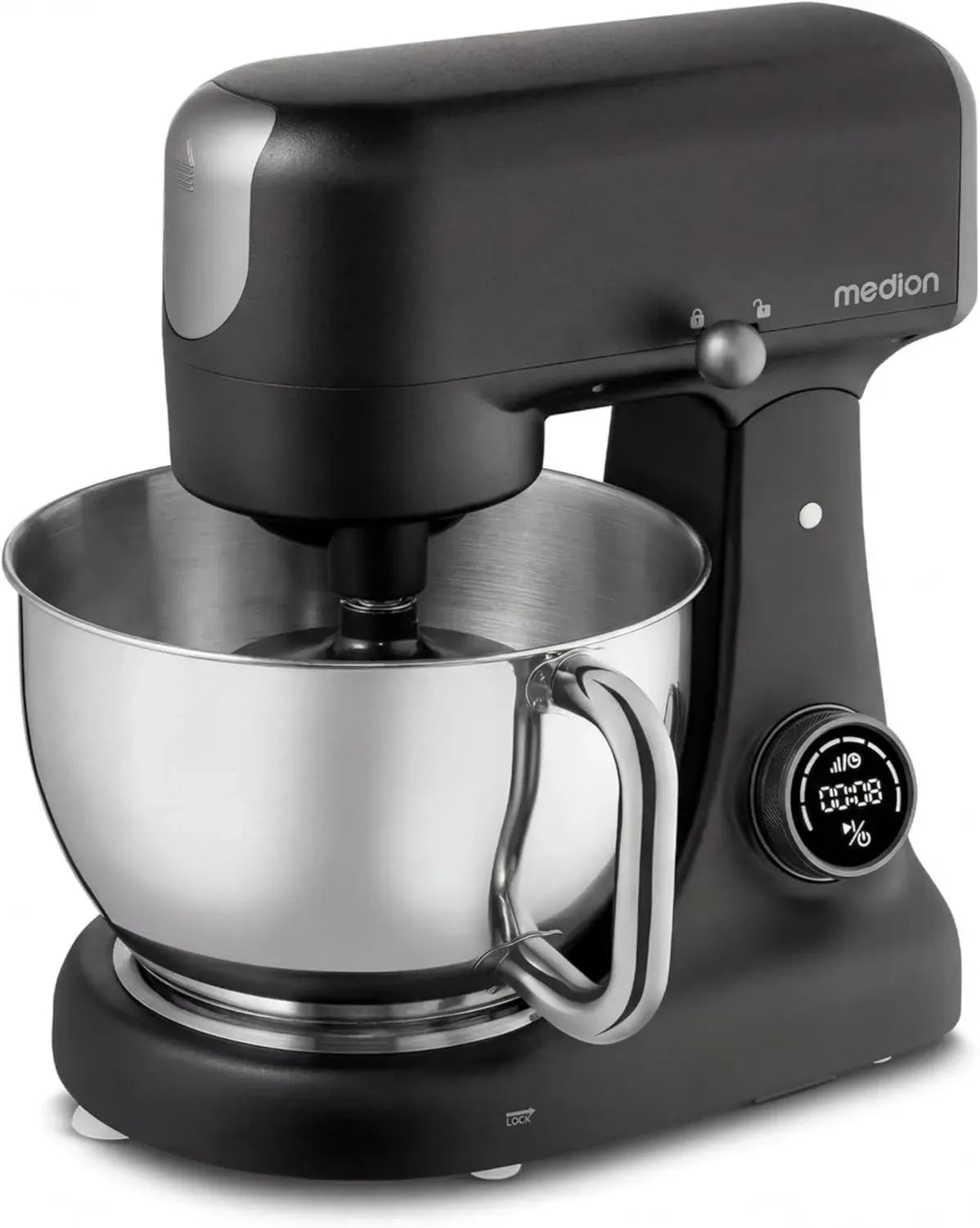 MEDION Küchenmaschine mit Fleischwolf, 4,6 L Edelstahlschüssel, 800W leiser Motor, Sensor-Touch-Display, Schneide- und Knetfunktion, Schwarz