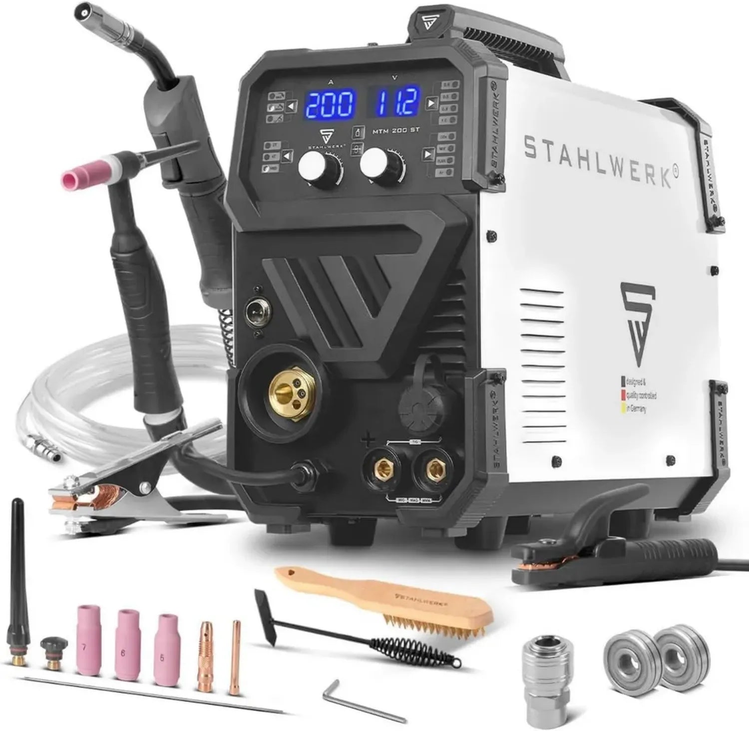 STAHLWERK 3-in-1 Schweißgerät MTM-200 ST – Inverter für WIG, MIG/MAG, MMA bis 200 A, Synergiefunktion, 4-Rollen-Drahtvorschub, geeignet für Fülldraht und Stahl