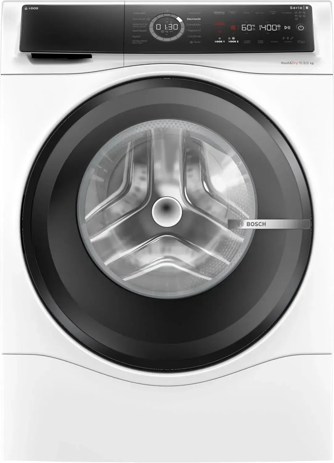 Bosch Serie 8 Smarter Waschtrockner, 10.5 kg Waschkapazität, 6 kg Trockenkapazität, 1400 U/min, i-Dos, Fleckenentfernung für 16 Arten, IronAssist mit Dampf, AutoDry-Technologie