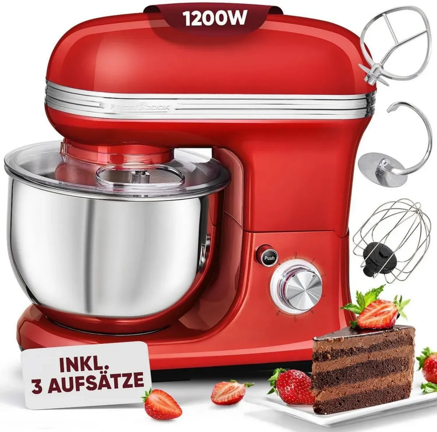 ProfiCook Küchenmaschine 1200W, 5L Rührschüssel, Rot, inkl. Haken & Schneebesen