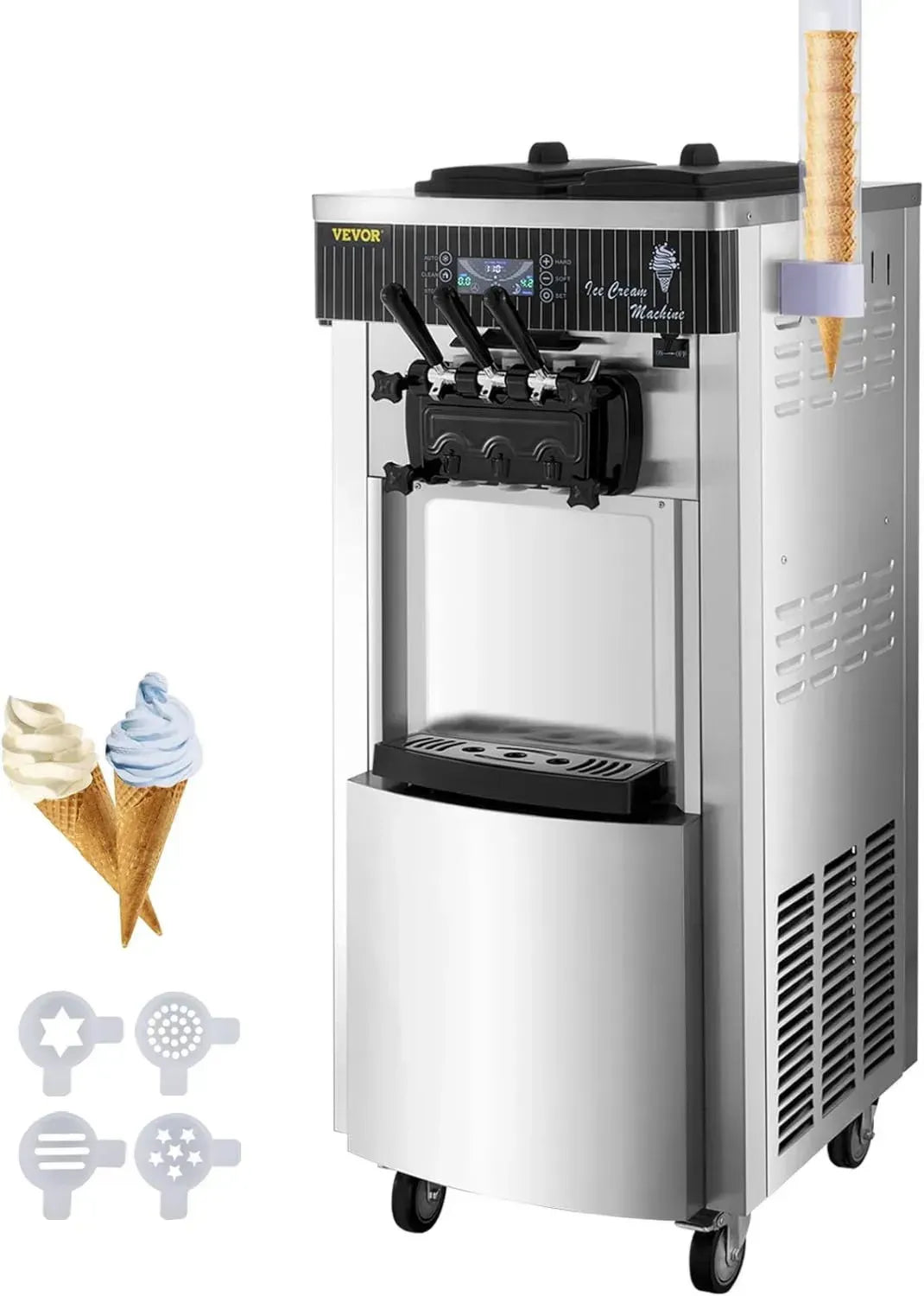 VEVOR Kommerzielle Softeismaschine, 220V Eismaschine aus Edelstahl mit Waffelhörnchen