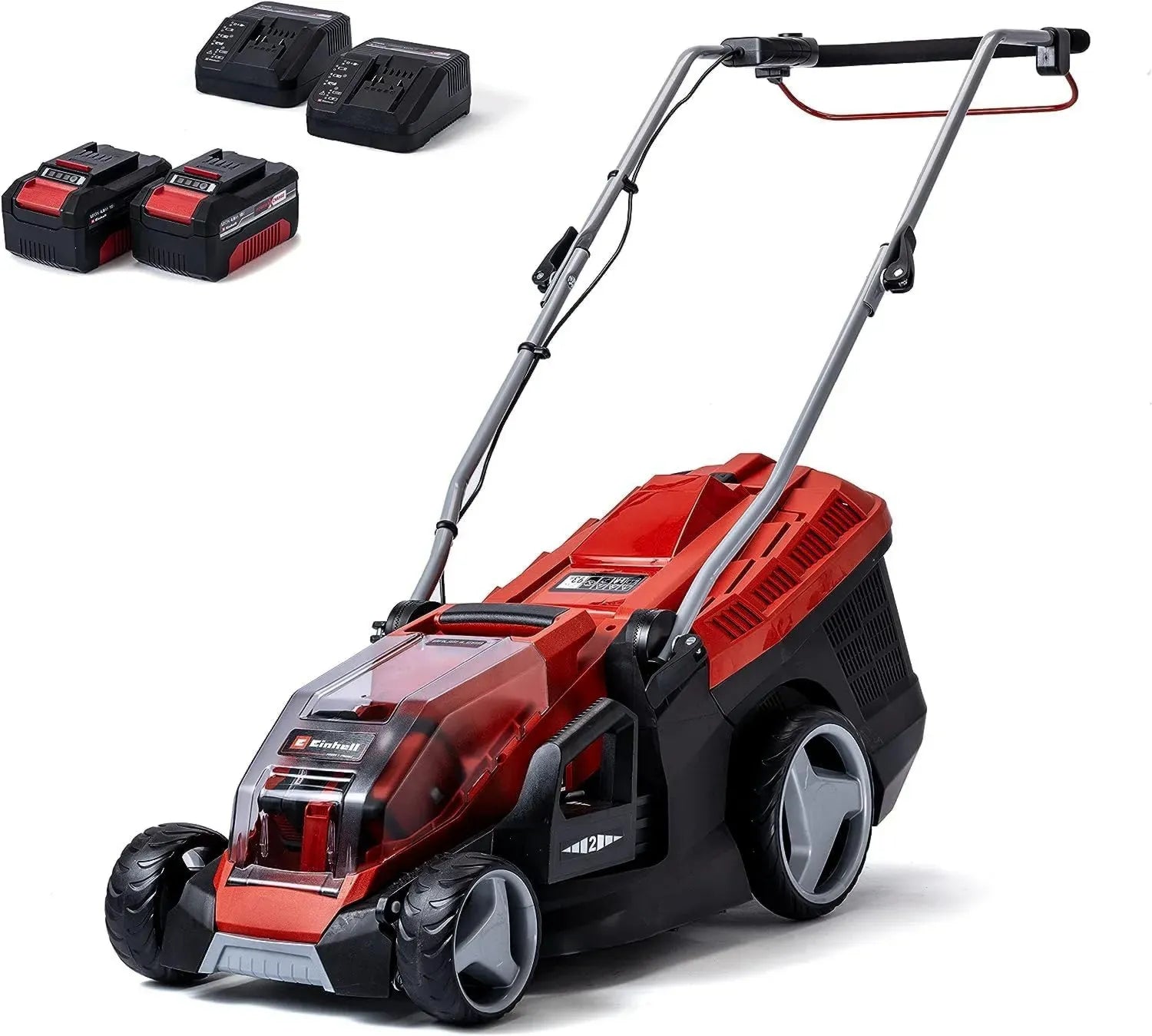 Einhell Kabelloser Rasenmäher GE-CM 36/36 Li Kit, 36 V, 36 cm Schnittbreite, für Flächen bis 400 m², bürstenloser Motor, 40L Fangkorb, 25-75 mm Schnitthöhe, inklusive 2x 4,0 Ah Akkus und Ladegeräte
