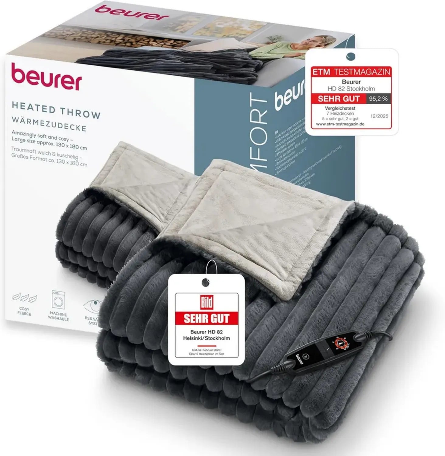 Beurer Kuschelheizdecke Stockholm mit 6 Einstellbaren Wärmestufen, Automatische Abschaltung, Sicherheitsfunktion, Waschmaschinengeeignet, Grau