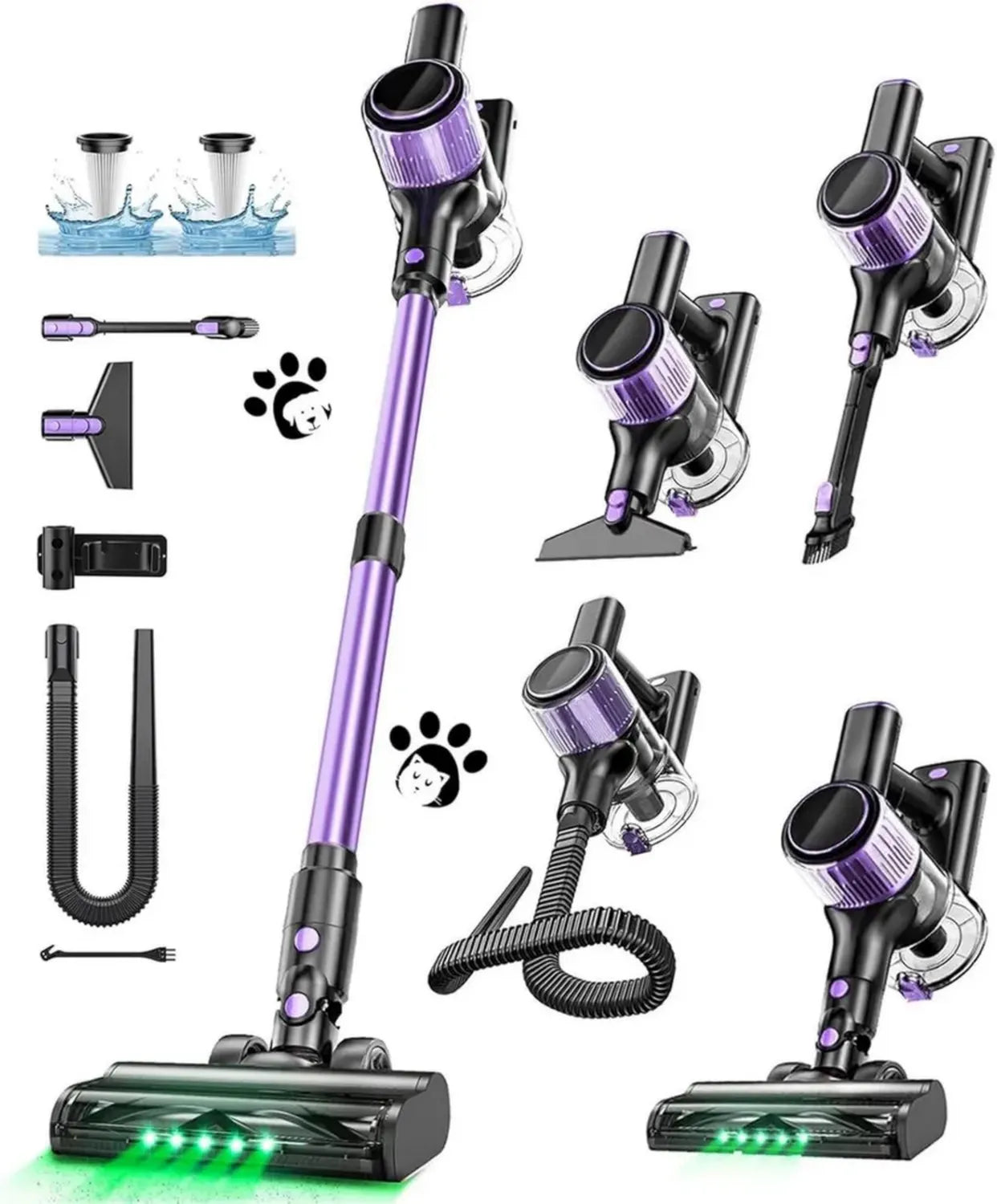 Kabelloser Akku-Staubsauger 500W, 45KPA, 45 Min Laufzeit, LED-Display, Ausziehbarer Schlauch, Anti-Tangle-Bürste, 5-fach Filtersystem für Hartböden und Tierhaare, Lila