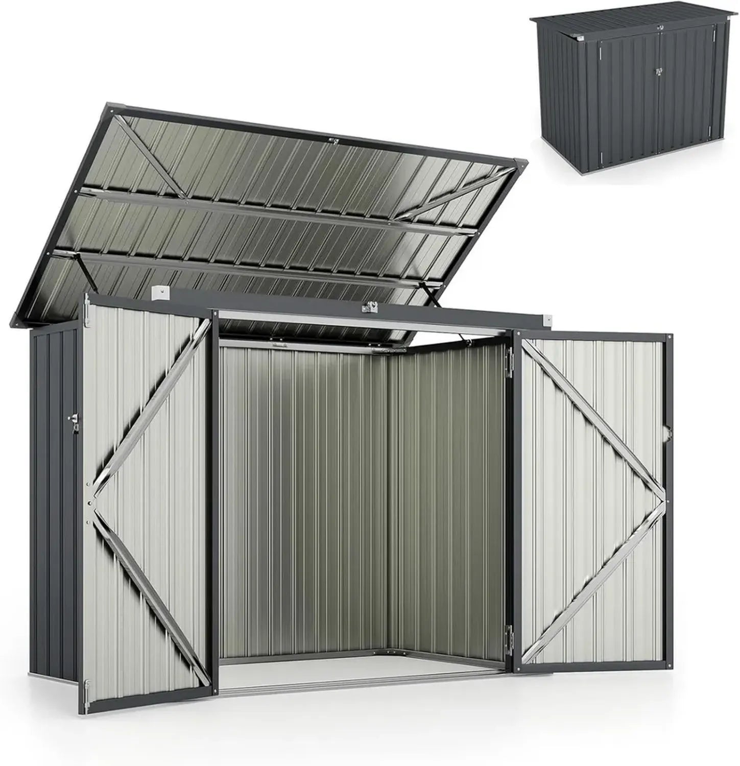 GOPLUS Robustes Metallgerätehaus 1,5 m² mit Klappdeckel, Doppel-Türen für Mülltonnen, Gartenschuppen für Terrasse und Garten, 172 x 101 x 130 cm, Dunkelgrau