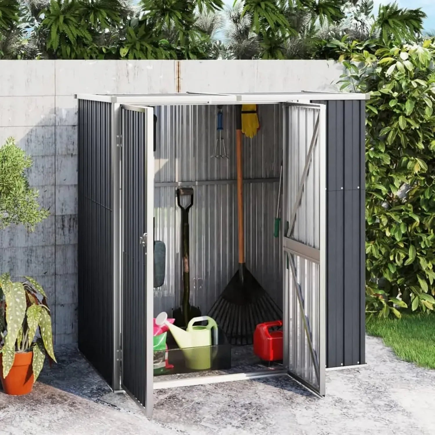 LAPOOH Metall-Gerätehaus 161x89x161 cm, Anthrazit, wetterfest, ideal für Garten und Fahrradaufbewahrung