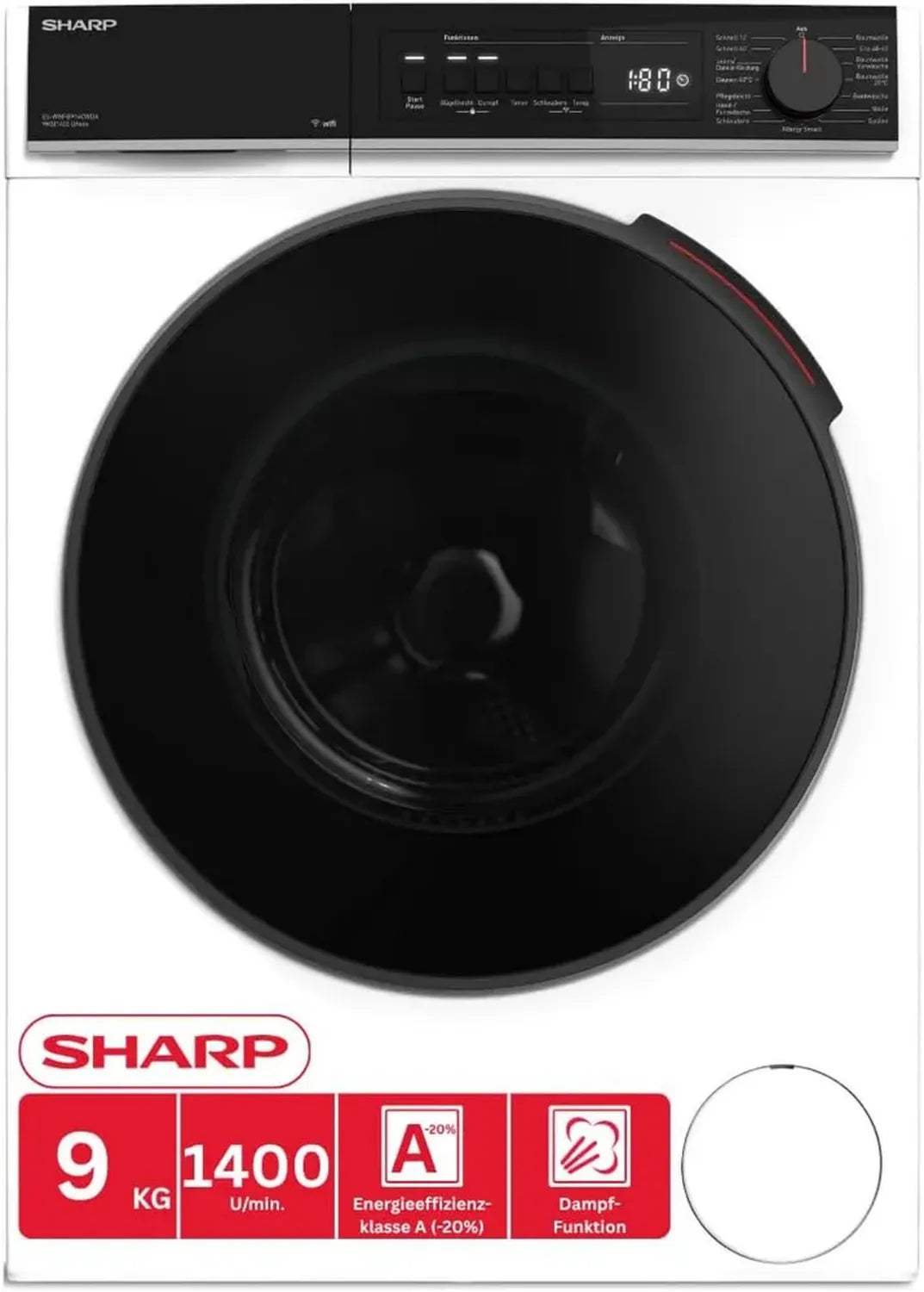 SHARP 9 kg Waschmaschine, 1400 U/Min, Energieklasse A, Inverter Motor, WiFi, AquaStop, Dampffunktion