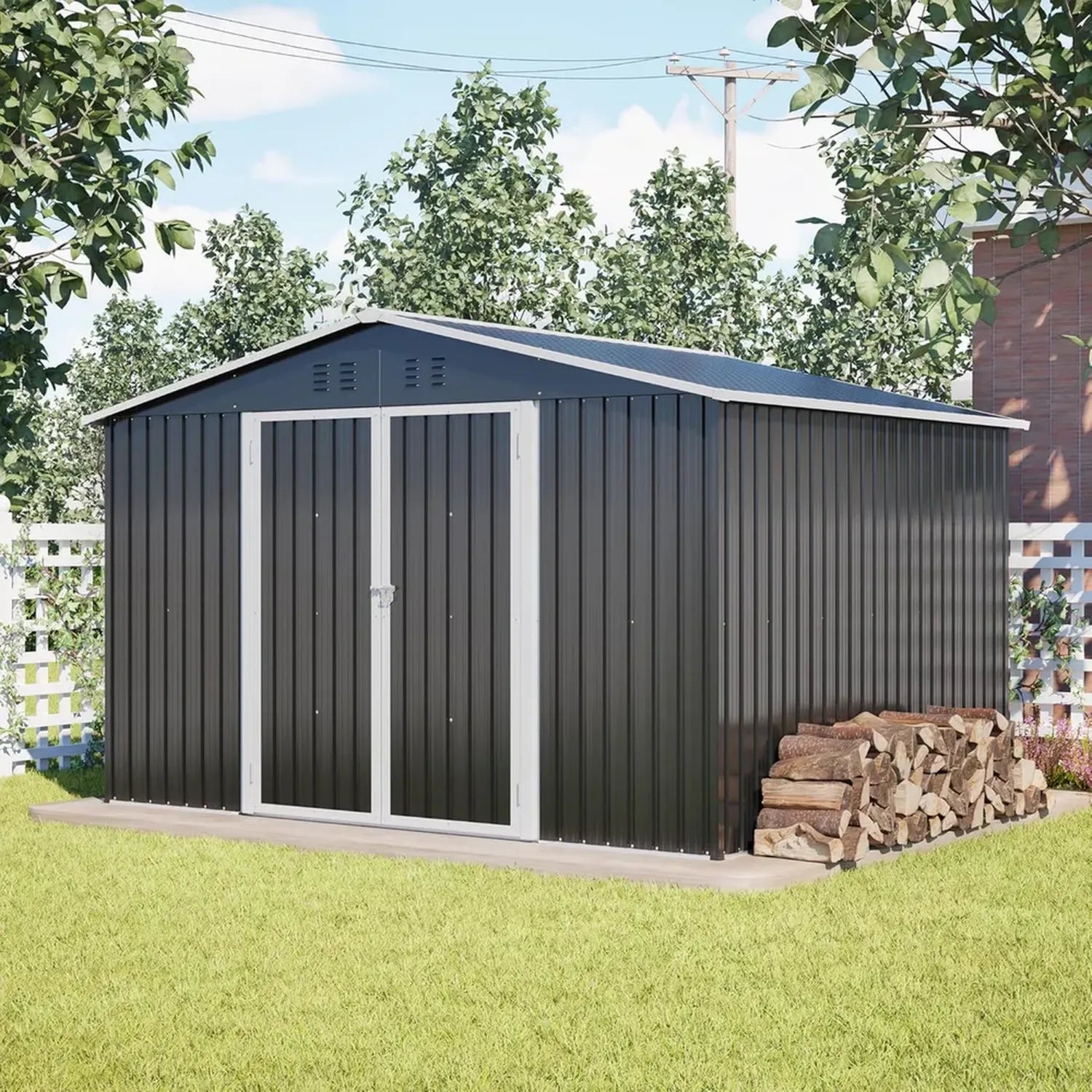 Großes Metall-Gerätehaus mit Satteldach, 300x252x191 cm, Schwarz