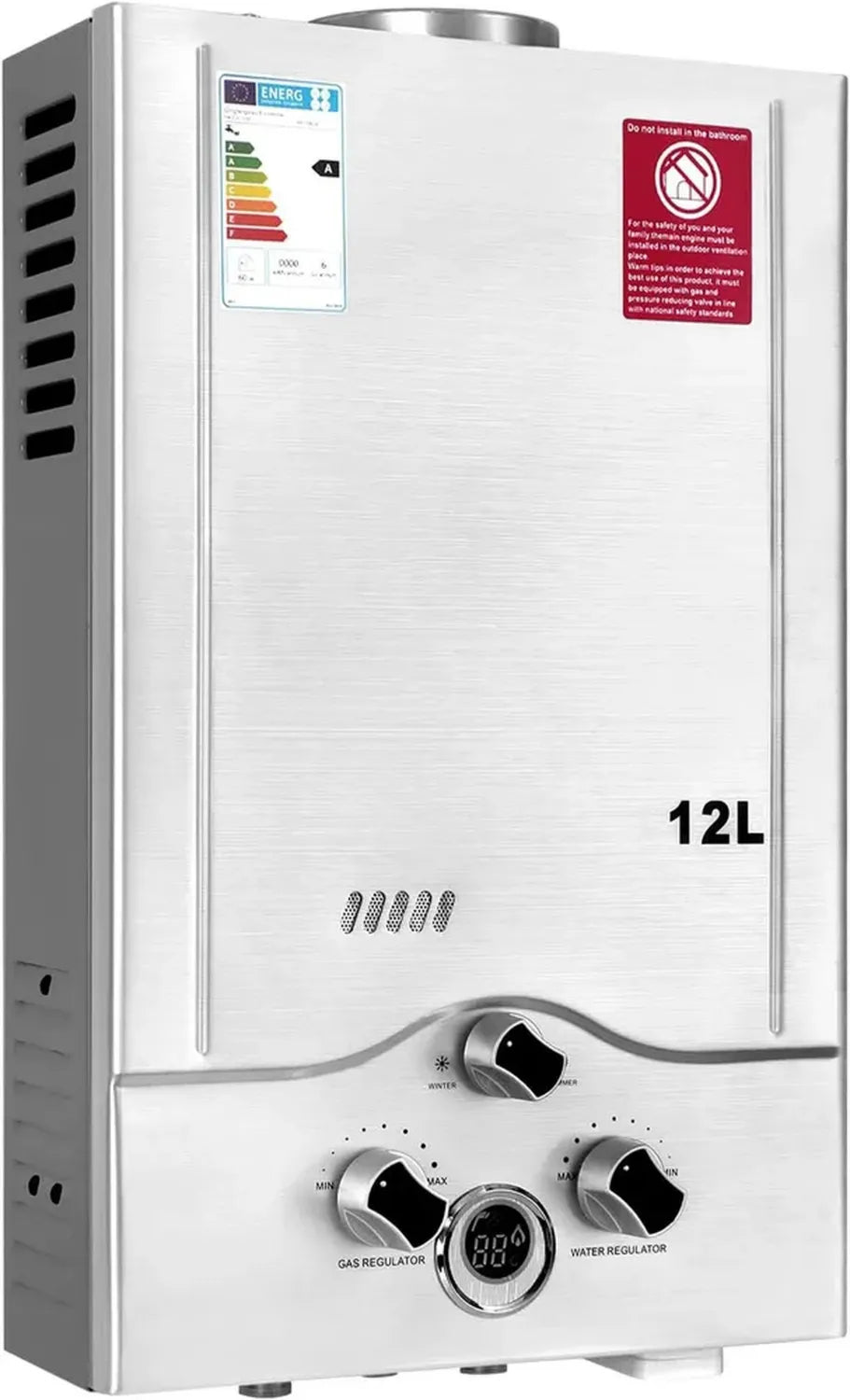 Leistungsstarker 24kW LPG Durchlauferhitzer, 12 L/min, Niederdruck 0,2 bar, Ideal für Propan & Butan, Zuhause & Camping