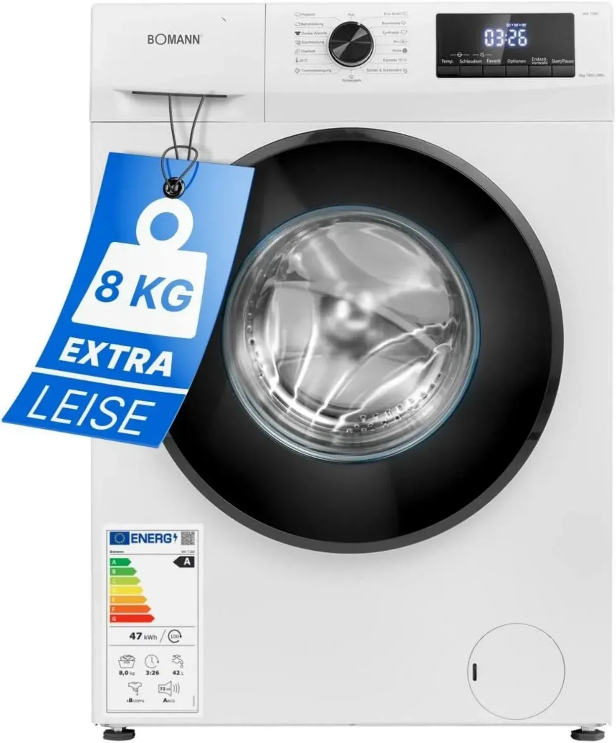Bomann Waschmaschine 8kg mit Invertermotor, 1400 U/Min, 15 Programme, LED-Display, Dampffunktion & 10 Jahre Garantie