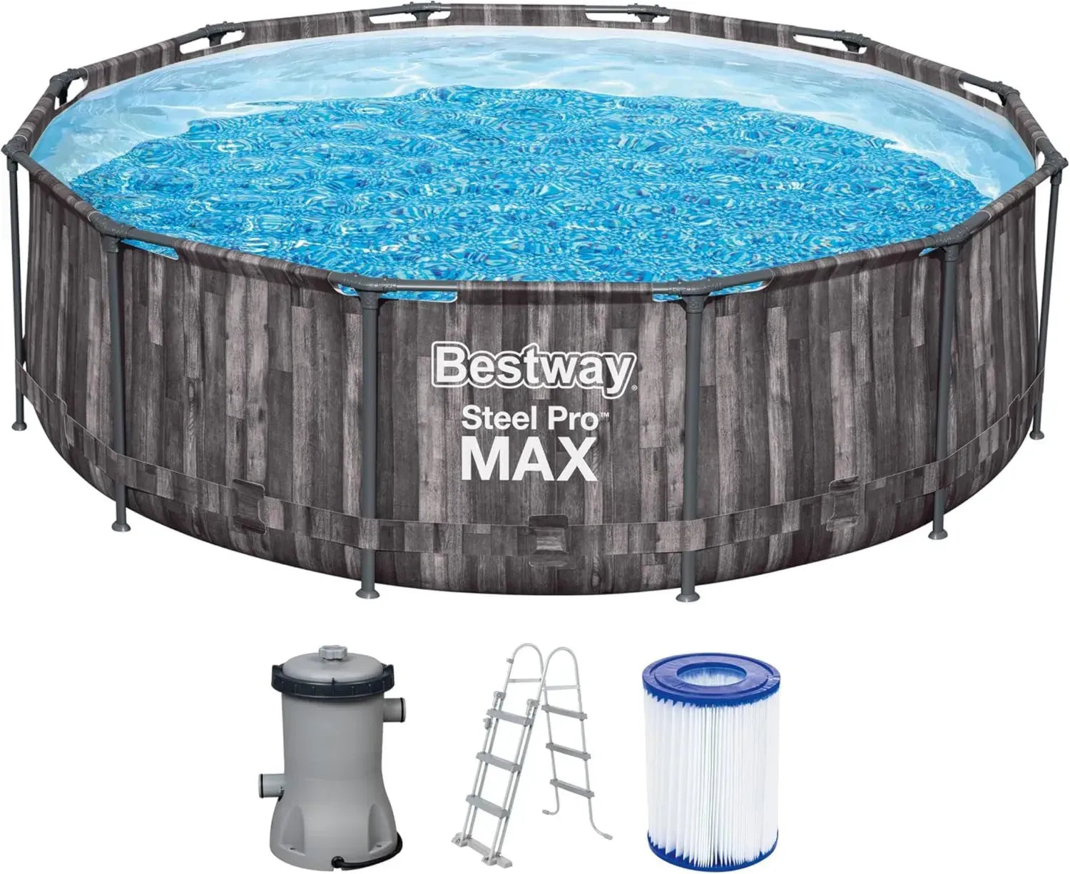Bestway Stahlrahmenpool Set mit Filterpumpe, 366 x 100 cm, Holzoptik Eiche, rund