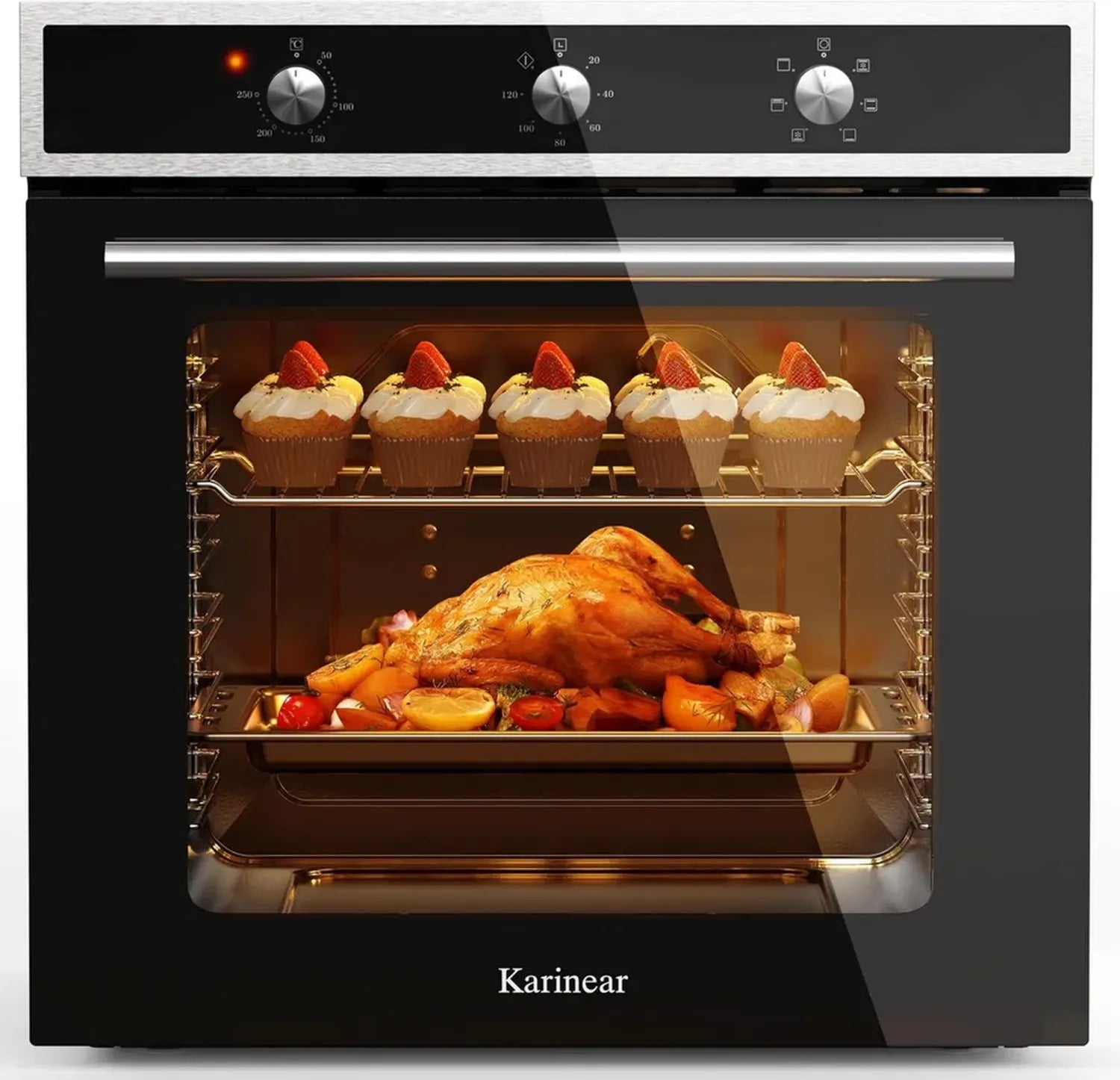 Karinear Einbaubackofen 60 cm, 6 Programme, Edelstahlfront, 2200W, Schwarz