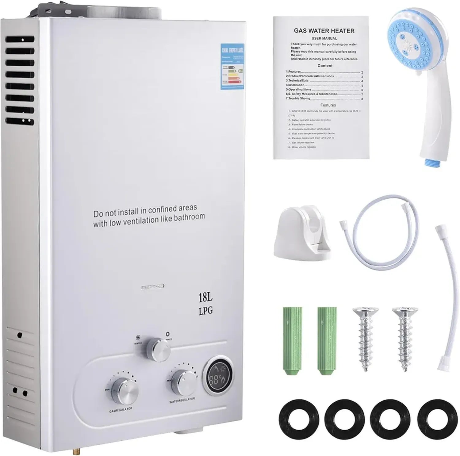 36KW Propangas-Durchlauferhitzer mit Duschset für Camping und Wohnmobil