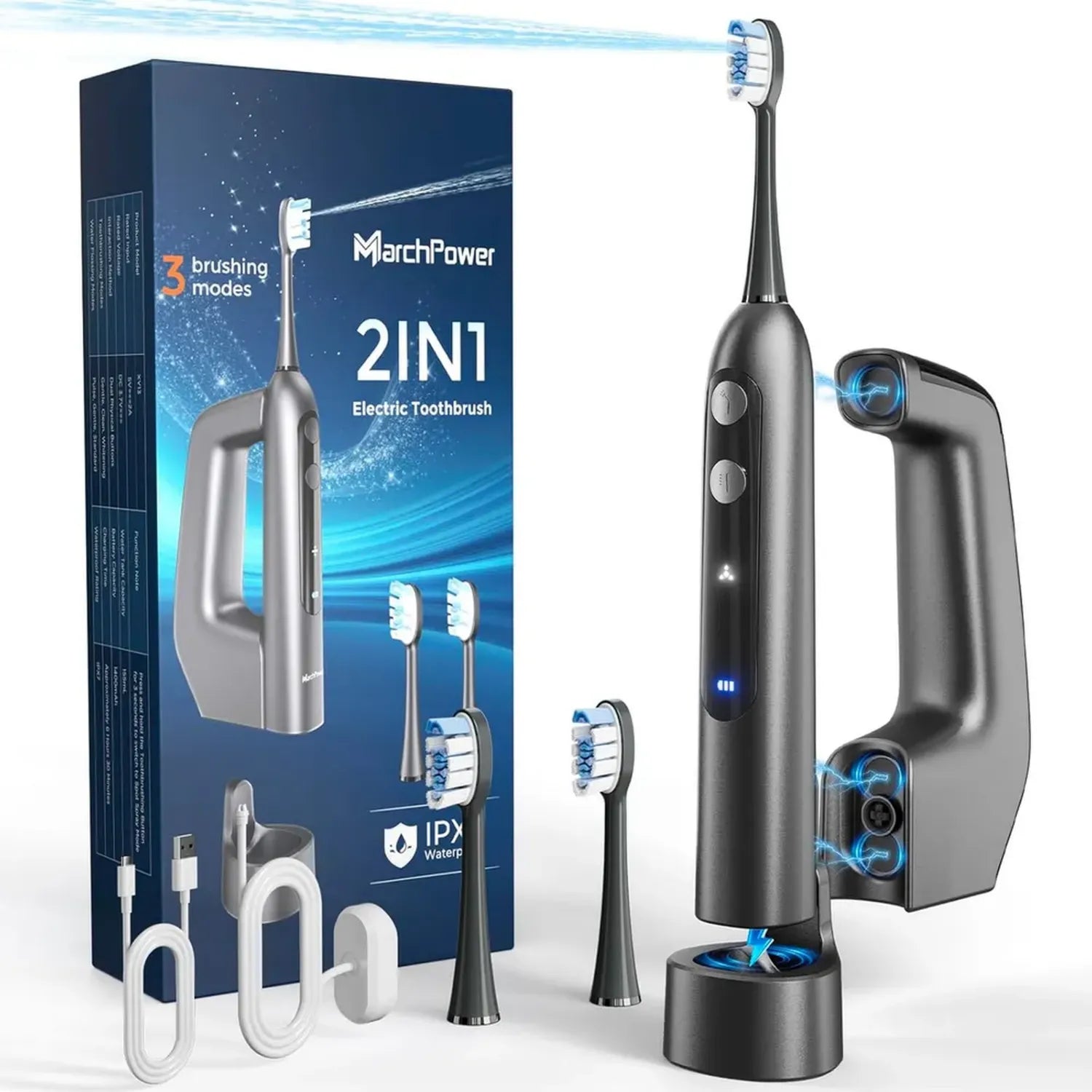 Marchpower Elektrische Schallzahnbürste mit Wasserstrahlreiniger, 3-in-1 Kombi-Gerät, 3 Modi, 4 Intensitäten, 155ml Wassertank, IPX7, 2 Köpfe, Weltraumgrau