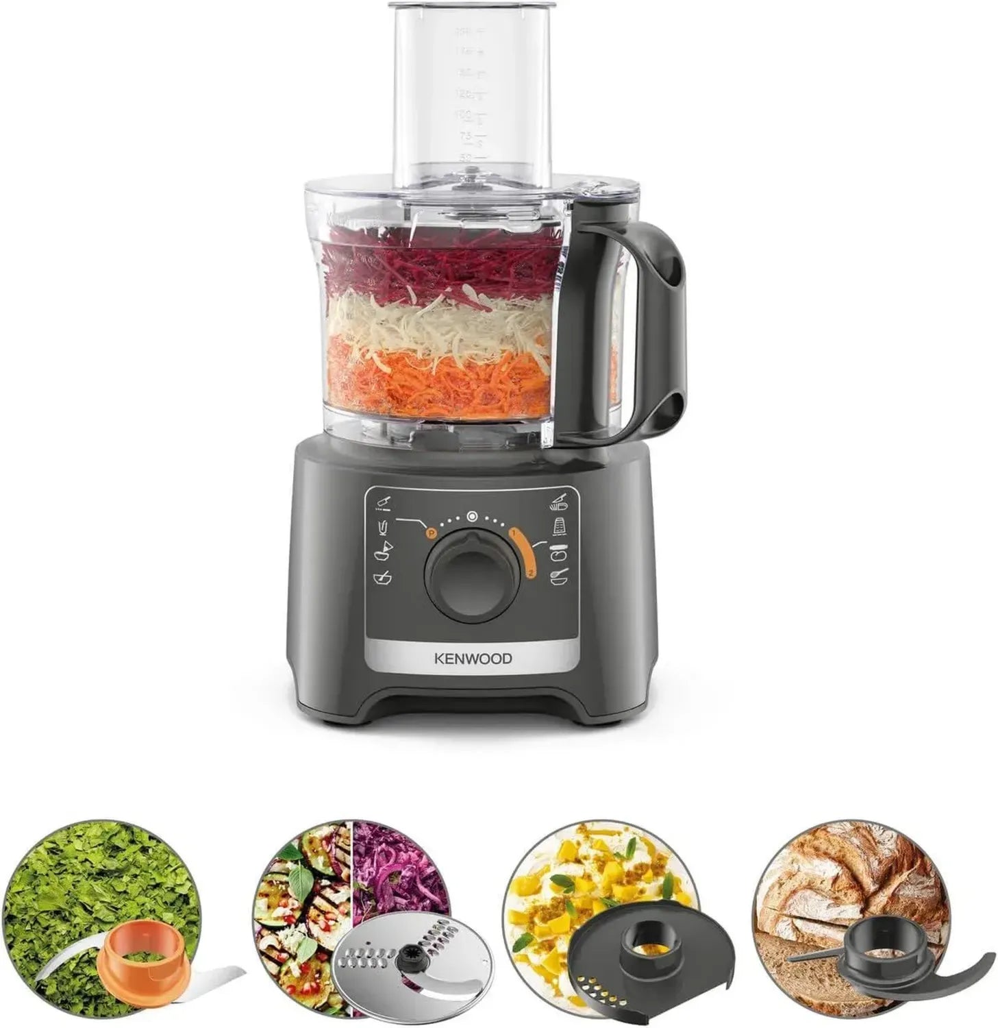 Kenwood Multipro Compact Küchenmaschine FDP31.020GY, 2 Geschwindigkeiten, 2,1 l Schüssel, Elektrischer Zerkleinerer, 800 W
