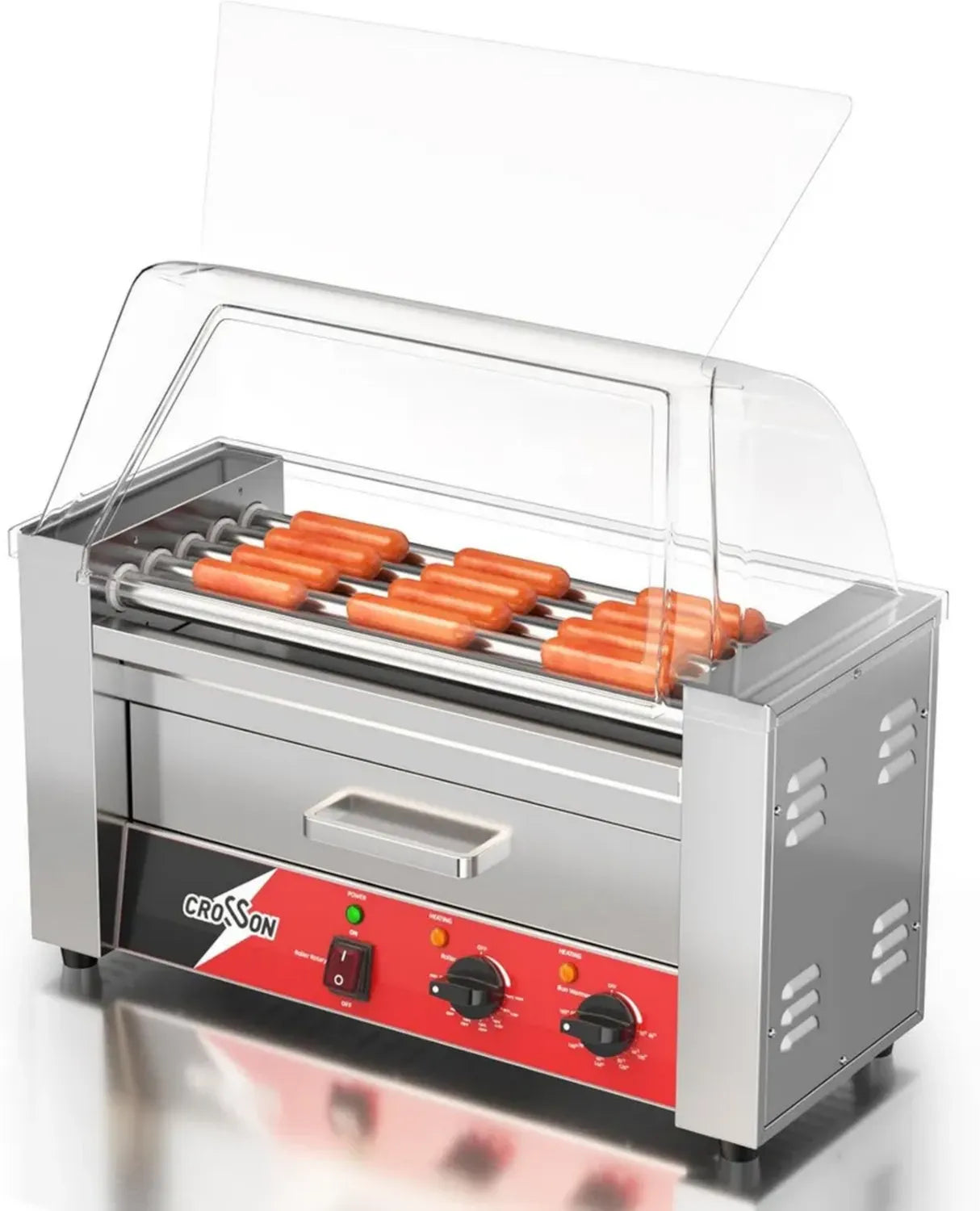CROSSON Hot Dog Grill mit Brötchenwärmer, 5 Rollen, 12 Hotdogs, 1050W Elektrogrill mit Thermostat & Abdeckung