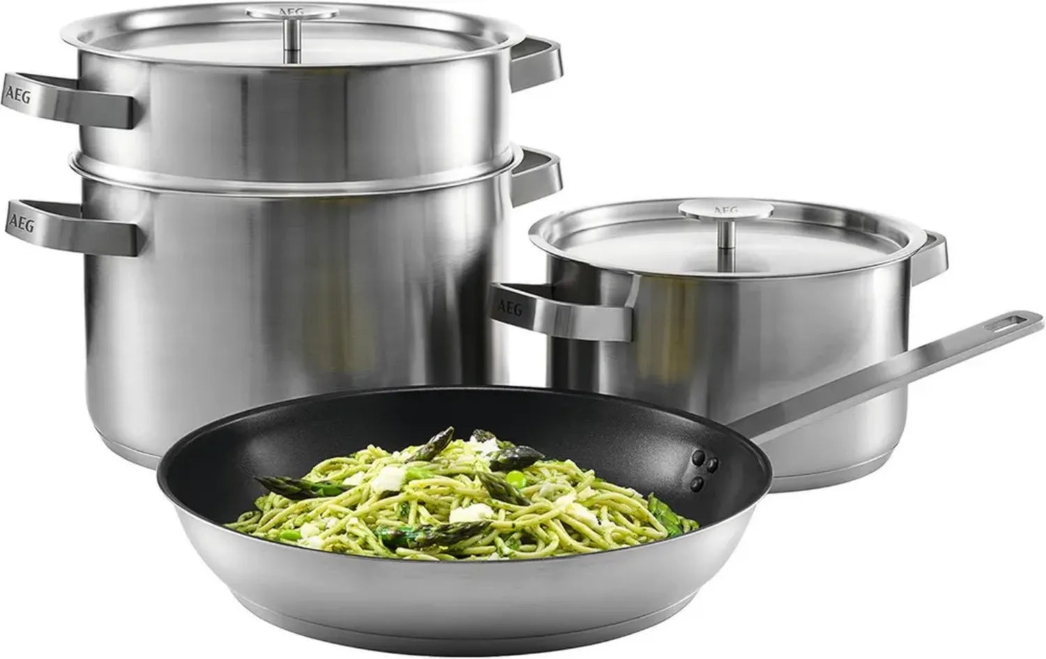 AEG Edelstahl-Kochset für alle Herdarten mit Pfanne, Töpfen und Sieb