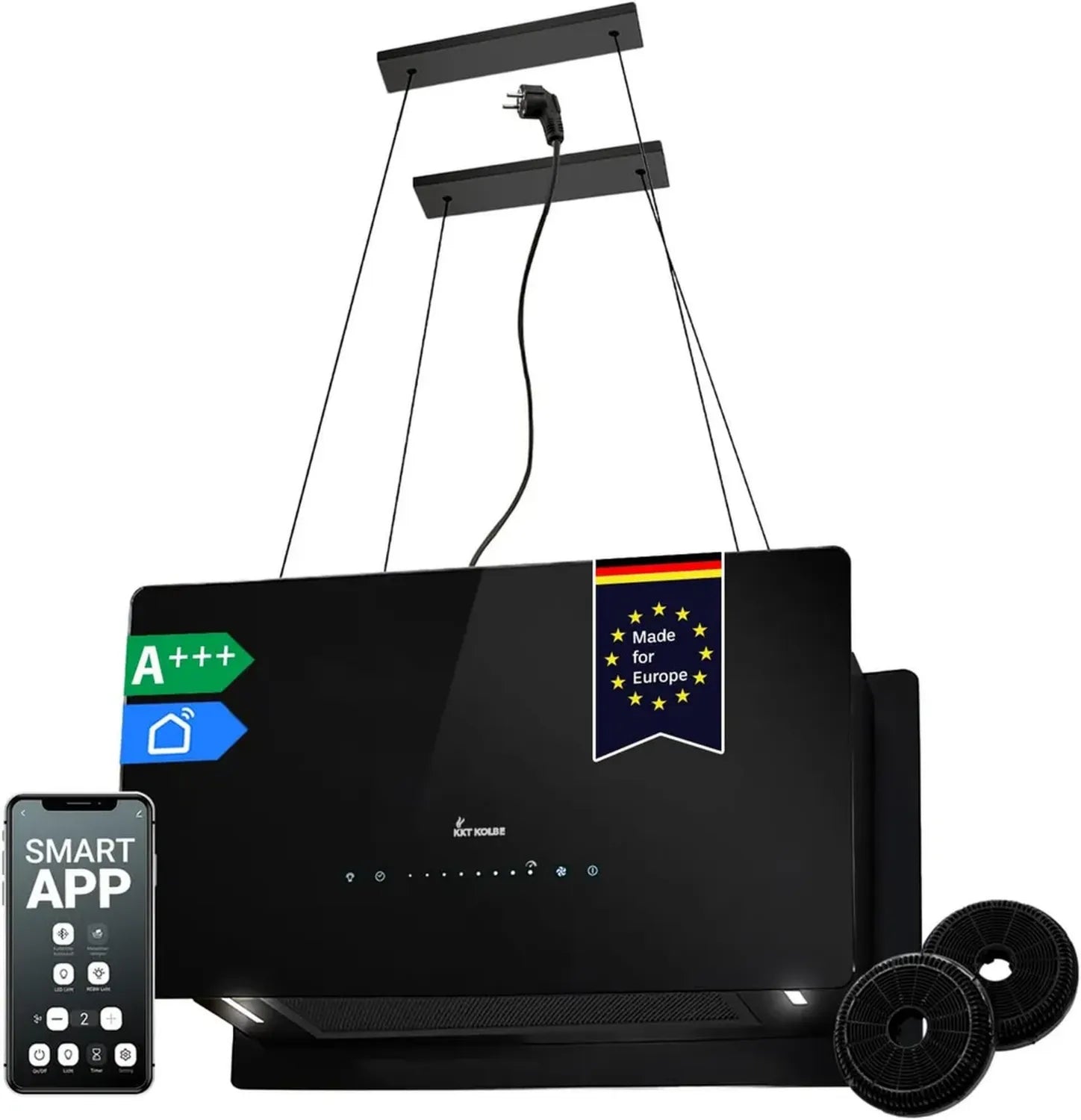KKT KOLBE Insel-Dunstabzugshaube 60 cm, 684 m³/h, WLAN-Steuerung, LED-Licht, Schwarz-Glas