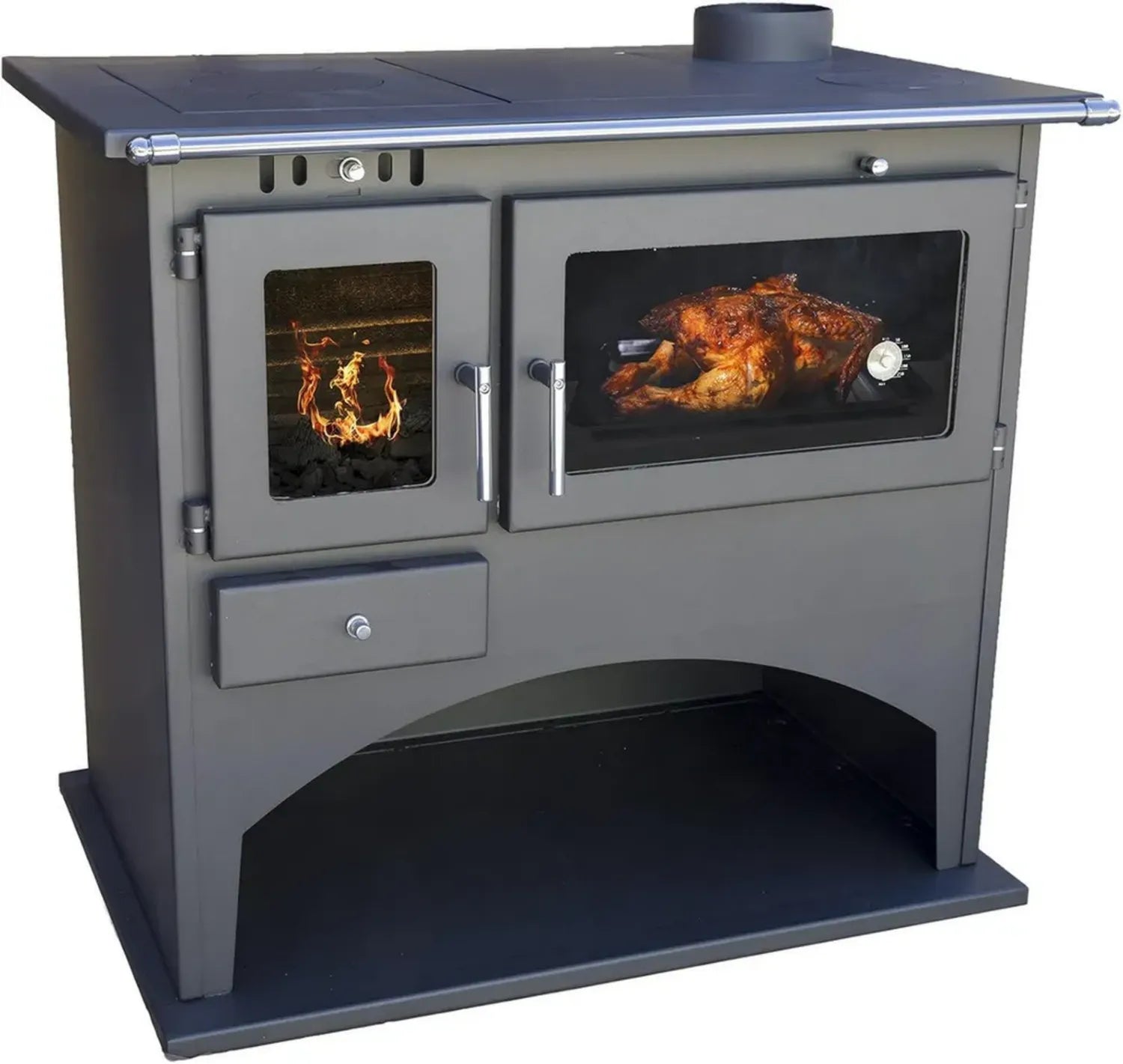 Moderner Kaminofen mit Ofenrohr und Kochplatte, 10,5 kW Leistung, ideal für gemütliche Abende