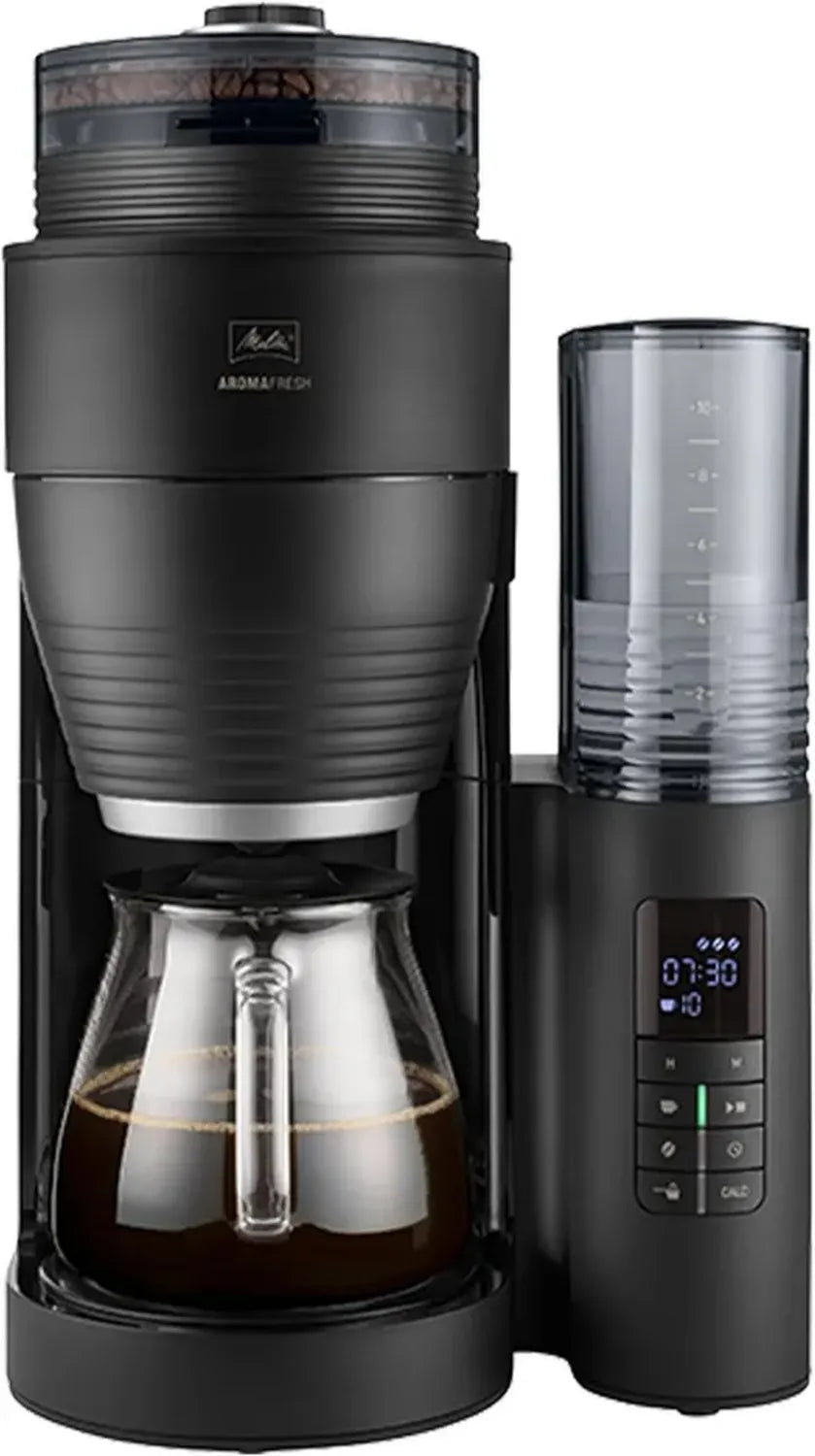 Melitta AromaFresh Kaffeemaschine - Integriertes Mahlwerk, Glaskanne, Timer, bis 10 Tassen, Schwarz/Silber