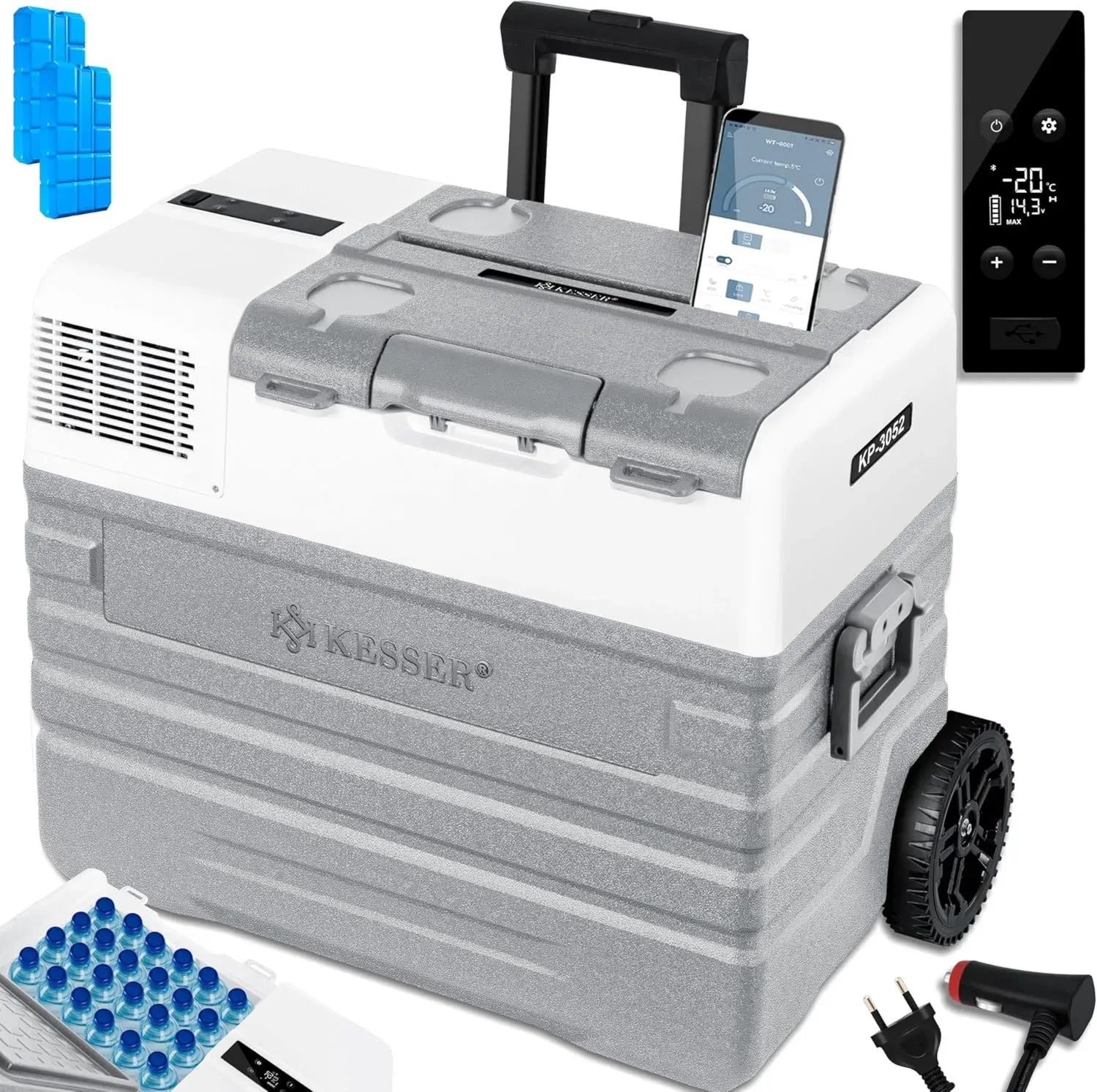 KESSER® Elektrische Kühlbox 52L - APP-Steuerung, USB & Teleskopgriff, 12/24V & 230V, Kühlt bis -20°C, Ideal für Auto, Lkw & Boot