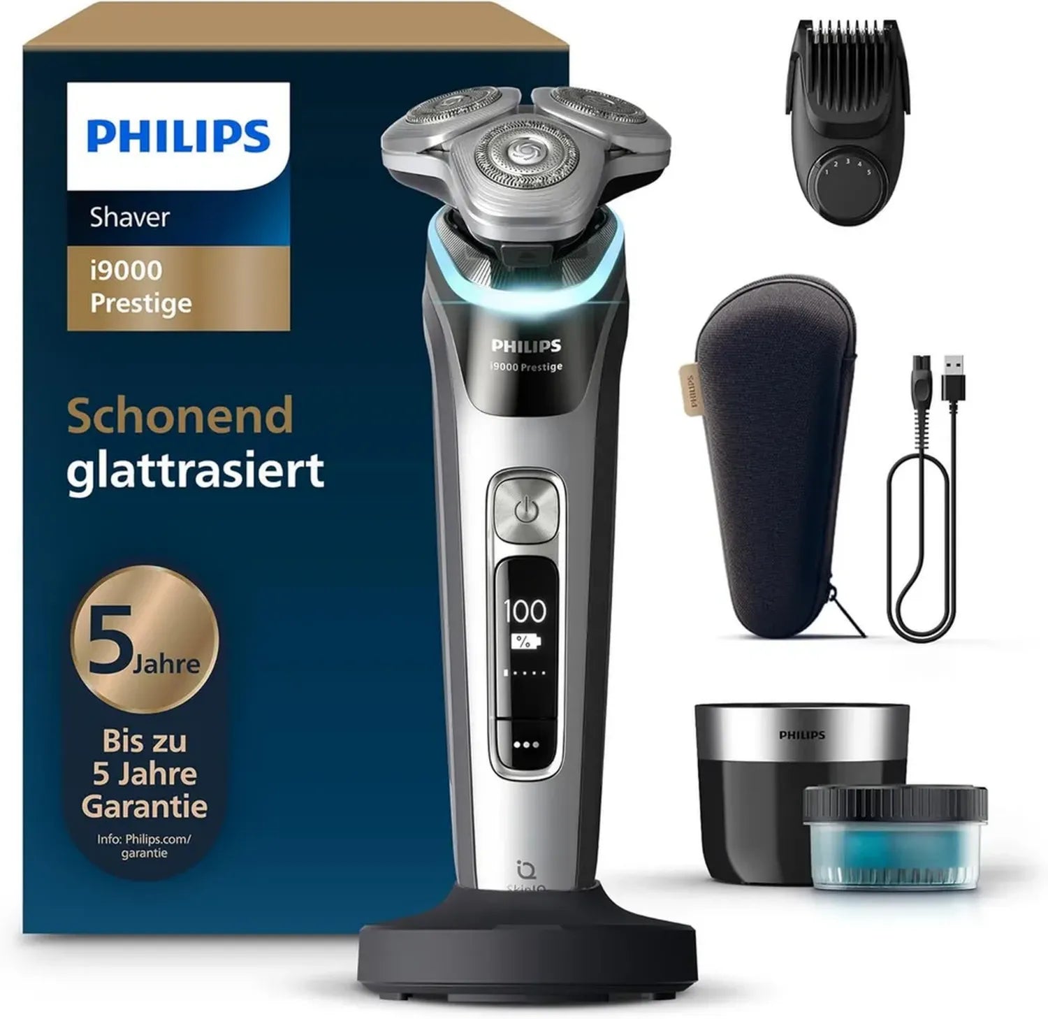 Philips i9000 Prestige Herrenrasierer, Nass- und Trocken, mit Trimmer, Drucksensor, Reinigungsstation, Bartstyler, Ladestation, Reiseetui, Grau-Silber