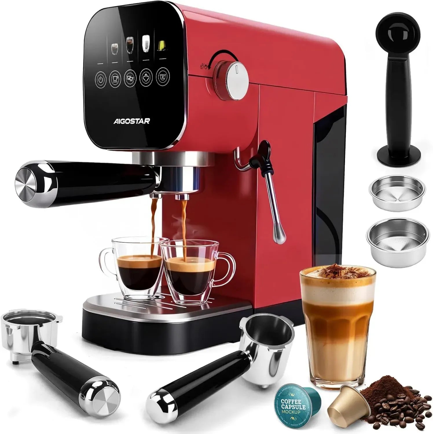 Aigostar Espressomaschine - Kompatibel mit Kapseln & gemahlenem Kaffee, 20 Bar, Touch-Display, 1-2 Tassen, mit Milchaufschäumer, 0,9L, 1350W, Edelstahl Rot