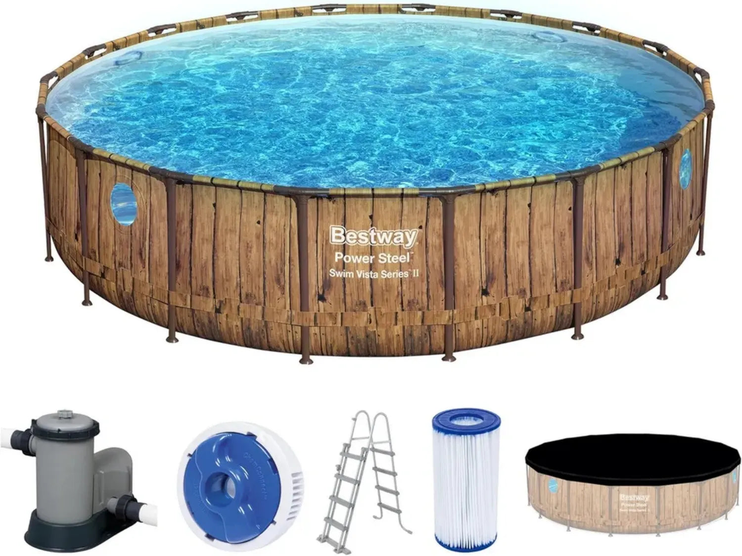 Bestway Power Steel Swim Vista Series Ø 549 x 122 cm Runder Pool mit Filterpumpe, Pinienholz-Optik