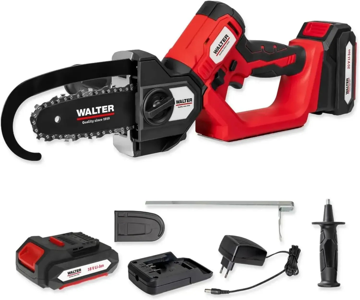 WALTER 2-in-1 Akku-Kettensäge & Stichsäge, 20V Li-Ion, bürstenloser Motor, schwenkbarer Kopf, 120 mm Schnittkapazität, Rückschlagschutz & Soft-Grip, ideal für Holz und Äste, inklusive Akku & Schnellladegerät
