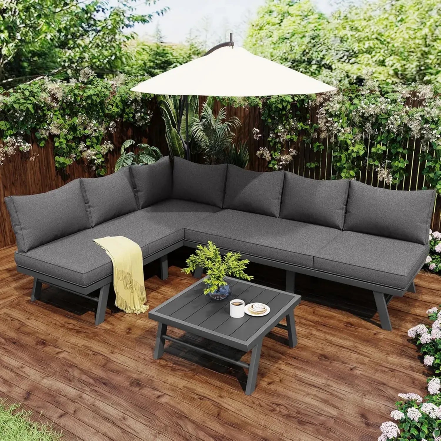 Jtyca Gartenmöbel-Set für Terrasse, 5-6 Personen, 3-teilig: 2 Sofas, 1 Tisch, robustes eisengestell, inkl. 7 Kissen, dunkelgrau